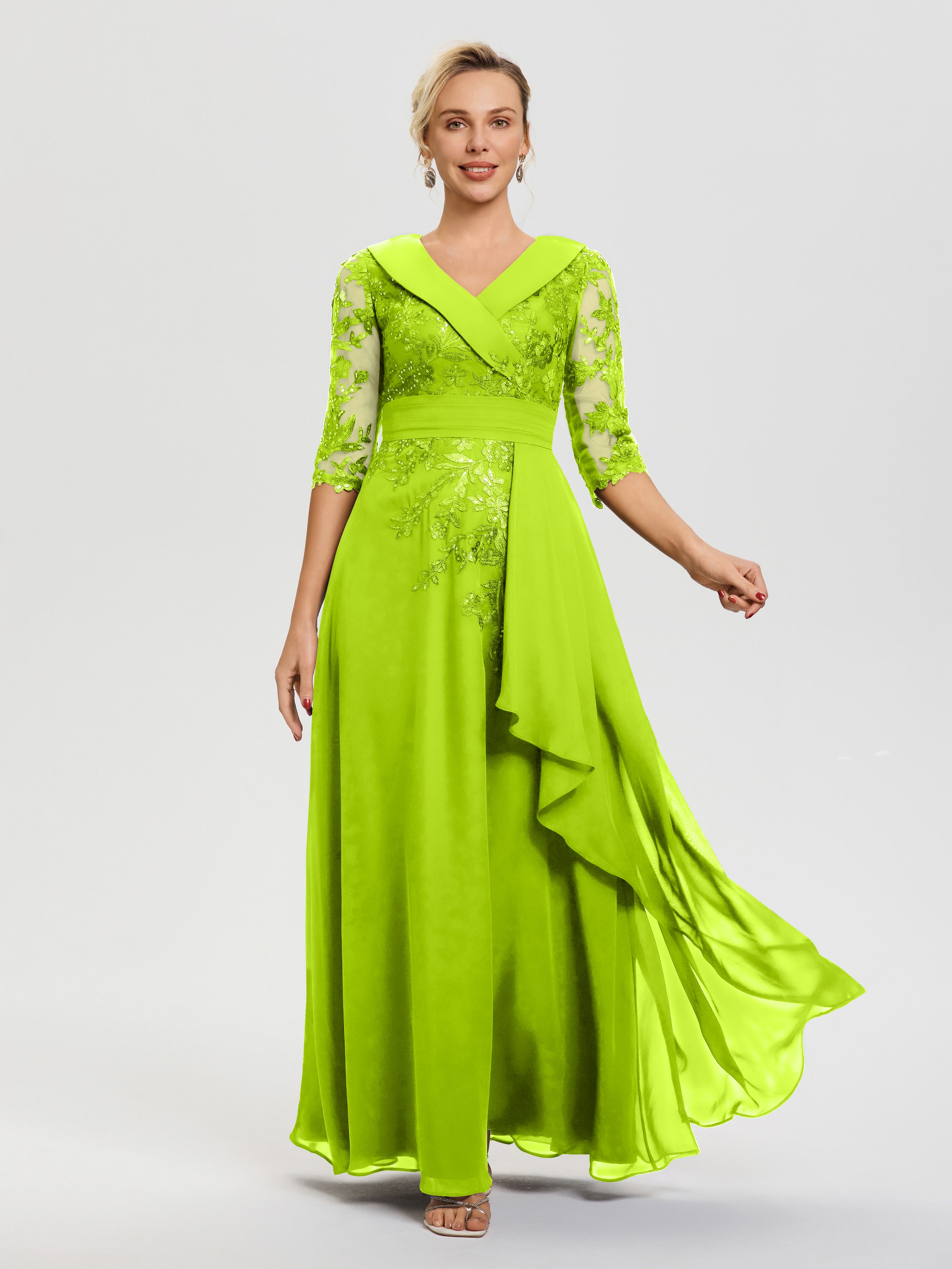Lime Green Mother Of The Bride A Line V Neck 3/4 Illusion Sleeves Appliqued Chiffon Floor Length Mother Of The Bride Dresses Lime Green Mother Of The Bride A Line V Neck 3/4 Illusion Sleeves Appliqued Chiffon Floor Length Mother Of The Bride Dresses