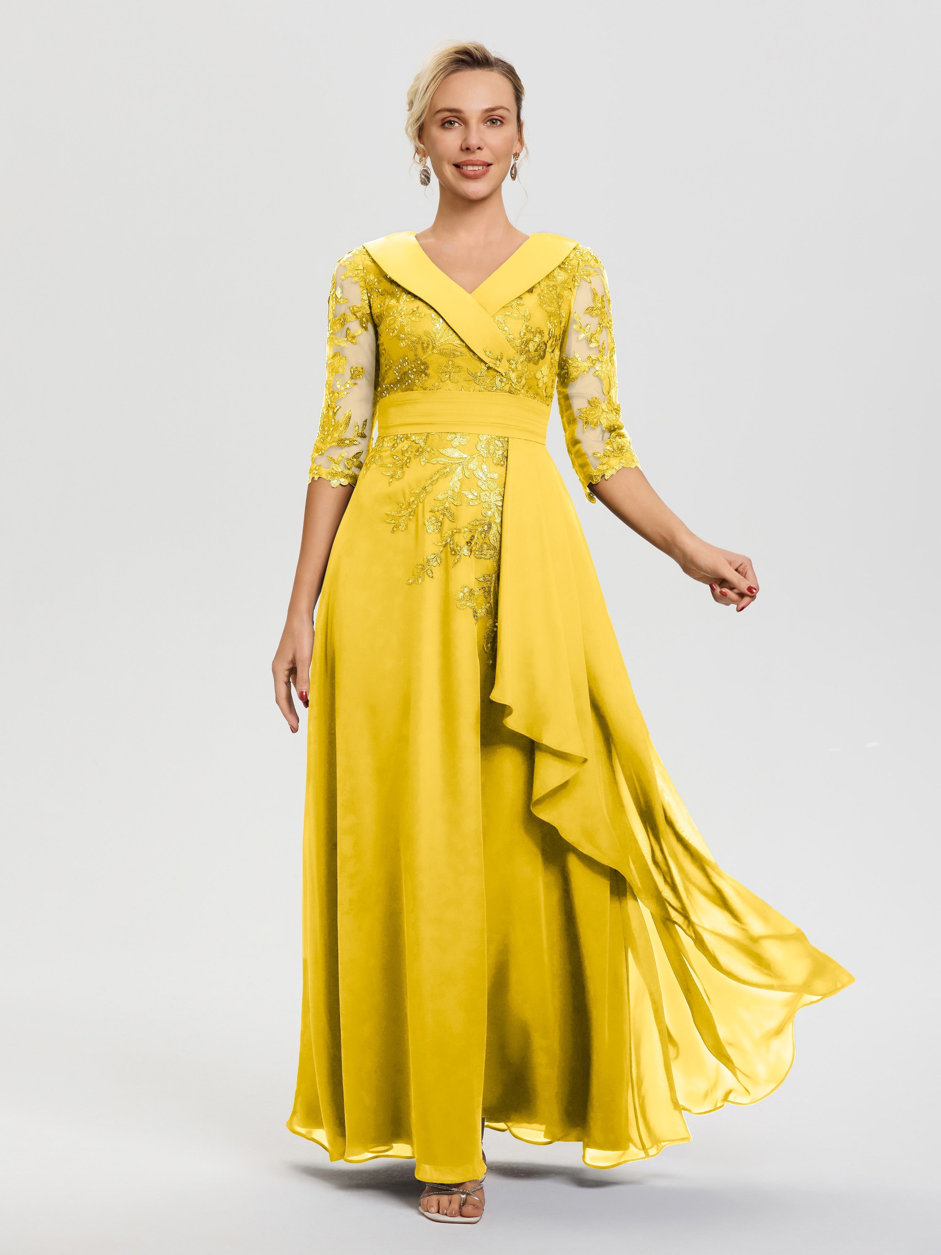 marigold dress Marigold Dresses For Mother Of The Bride A Line V Neck 3/4 Illusion Sleeves Appliqued Chiffon Floor Length Mother Of The Bride Dresses