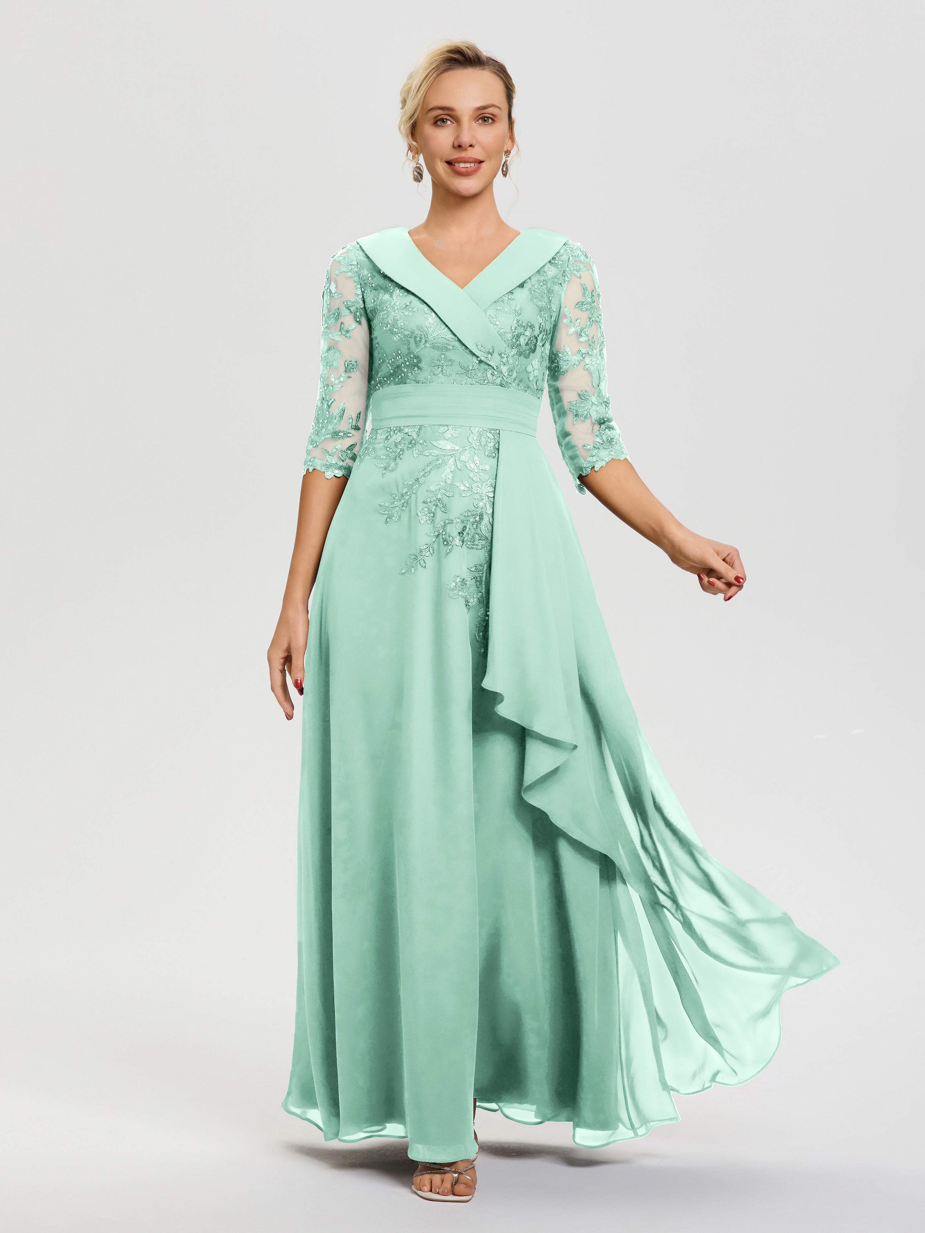 Mint Green Mother Of Bride Dresses A Line V Neck 3/4 Illusion Sleeves Appliqued Chiffon Floor Length Mother Of The Bride Dresses Mint Green Mother Of Bride Dresses A Line V Neck 3/4 Illusion Sleeves Appliqued Chiffon Floor Length Mother Of The Bride Dresses