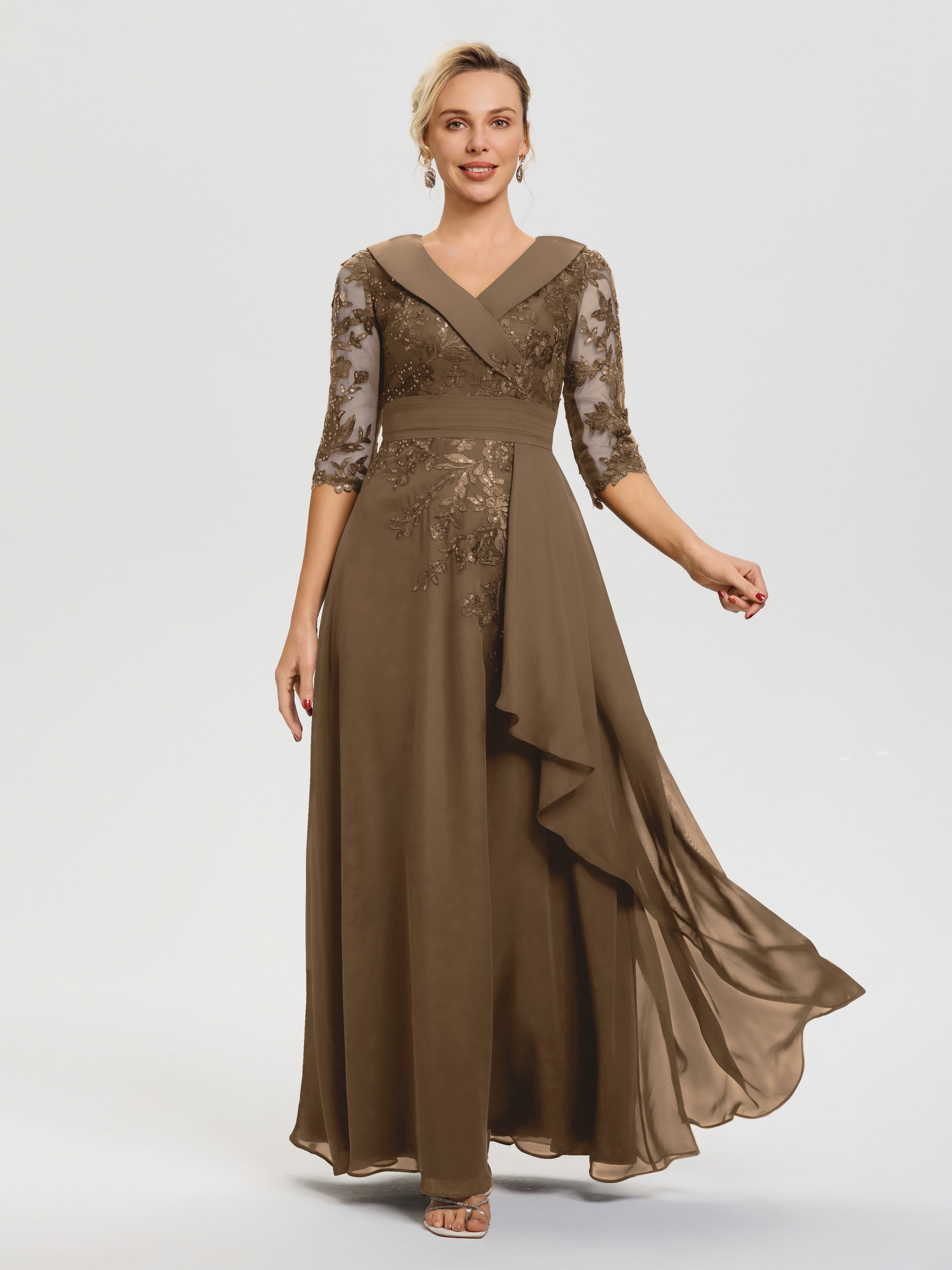 Mother Of Bride Mocha Dress A Line V Neck 3/4 Illusion Sleeves Appliqued Chiffon Floor Length Mother Of The Bride Dresses Mother Of Bride Mocha Dress A Line V Neck 3/4 Illusion Sleeves Appliqued Chiffon Floor Length Mother Of The Bride Dresses