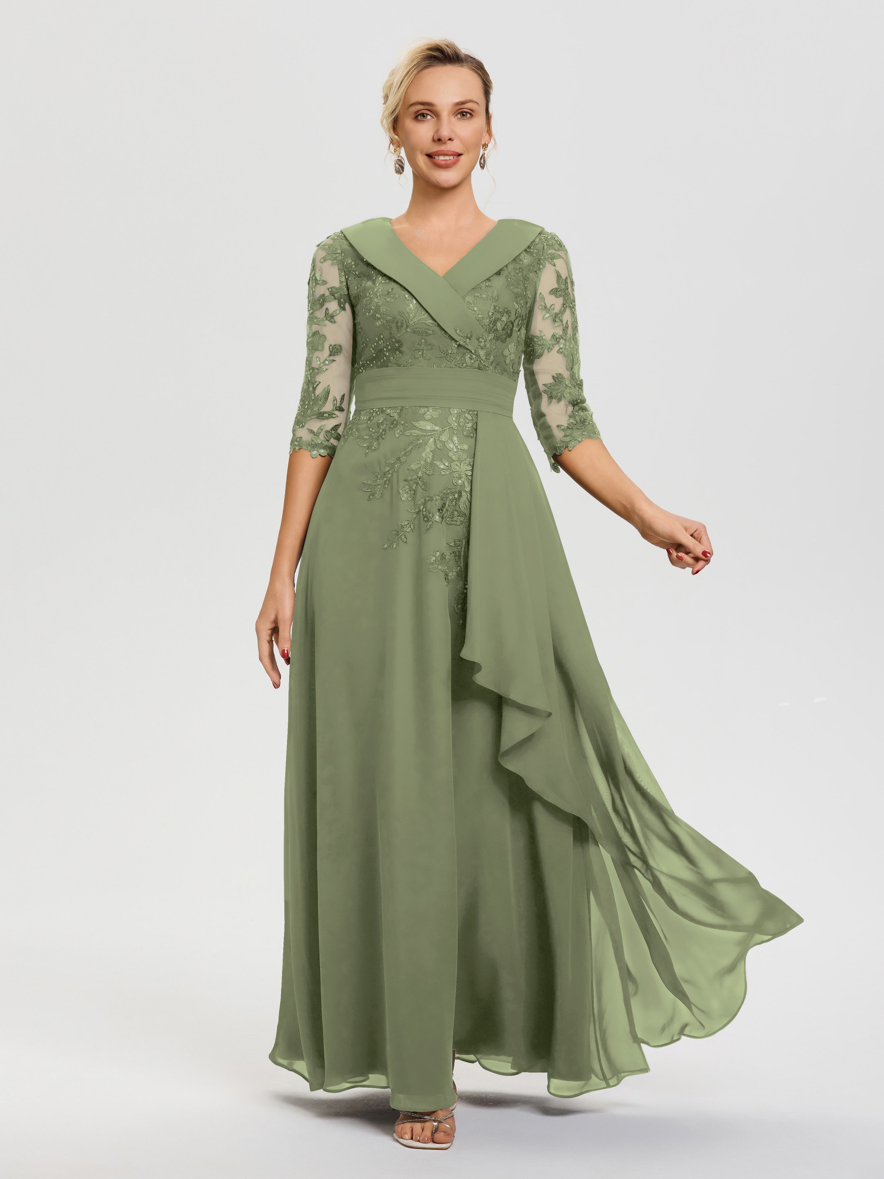 Mother of The Bride Olive Green Dresses A Line V Neck 3/4 Illusion Sleeves Appliqued Chiffon Floor Length Mother of The Bride Dresses Mother of The Bride Olive Green Dresses A Line V Neck 3/4 Illusion Sleeves Appliqued Chiffon Floor Length Mother of The Bride Dresses