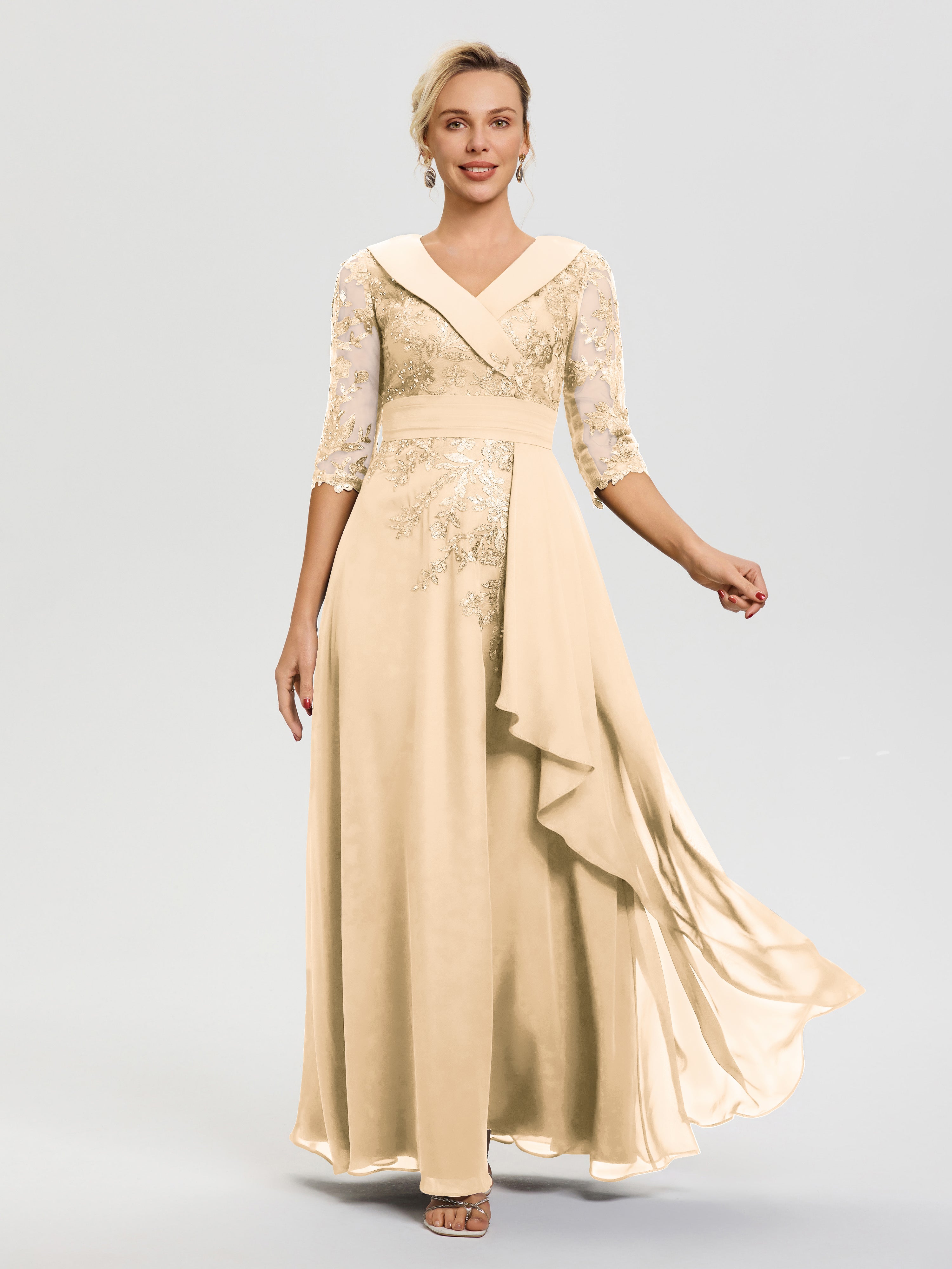 Peach Mother Of The Bride Dresses A Line V Neck 3/4 Illusion Sleeves Appliqued Chiffon Floor Length Mother Of The Bride Dresses Peach Mother Of The Bride Dresses A Line V Neck 3/4 Illusion Sleeves Appliqued Chiffon Floor Length Mother Of The Bride Dresses