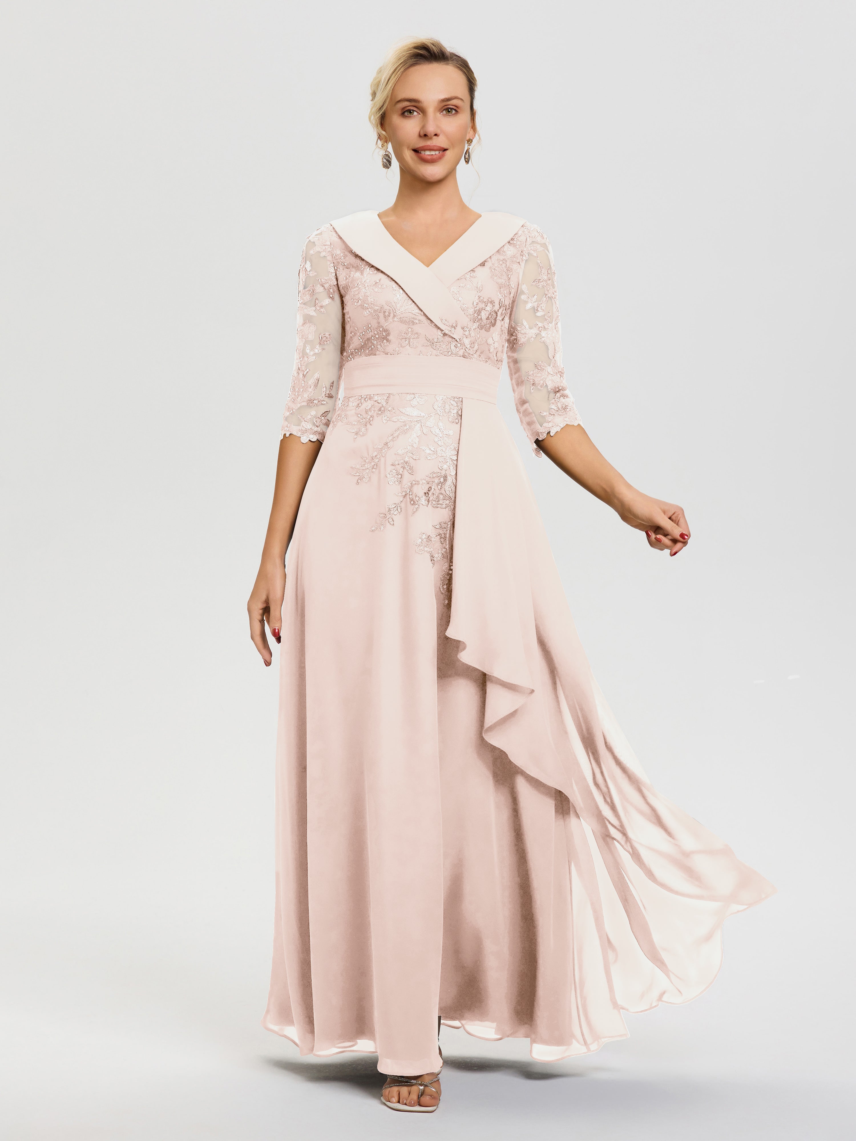 Mother Of The Bride Pearl Pink Dress A Line V Neck 3/4 Illusion Sleeves Appliqued Chiffon Floor Length Mother Of The Bride Dresses Mother Of The Bride Pearl Pink Dress A Line V Neck 3/4 Illusion Sleeves Appliqued Chiffon Floor Length Mother Of The Bride Dresses