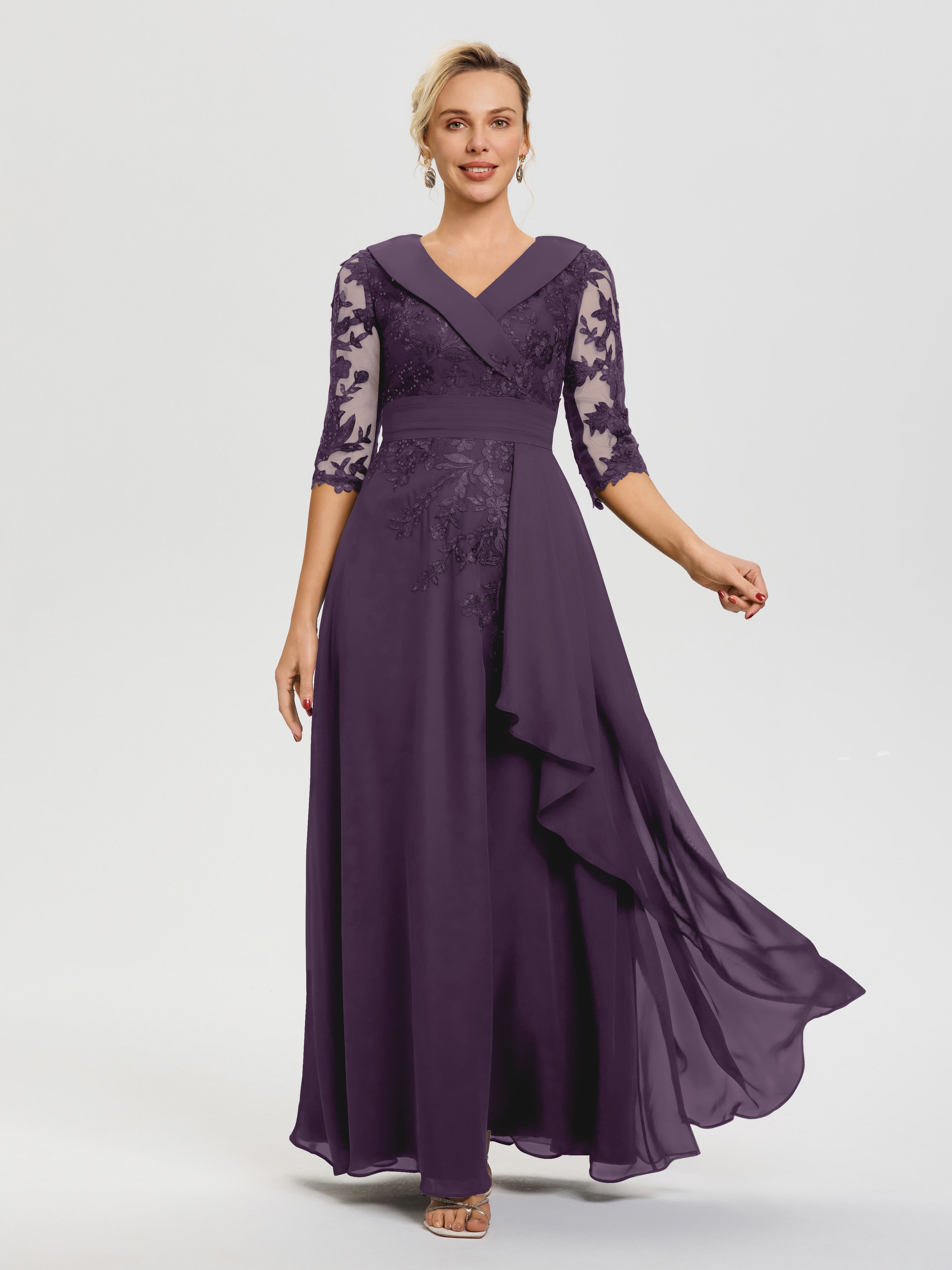 Plum Color Mother Of The Bride Dresses A Line V Neck 3/4 Illusion Sleeves Appliqued Chiffon Floor Length Mother Of The Bride Dresses Plum Color Mother Of The Bride Dresses A Line V Neck 3/4 Illusion Sleeves Appliqued Chiffon Floor Length Mother Of The Bride Dresses