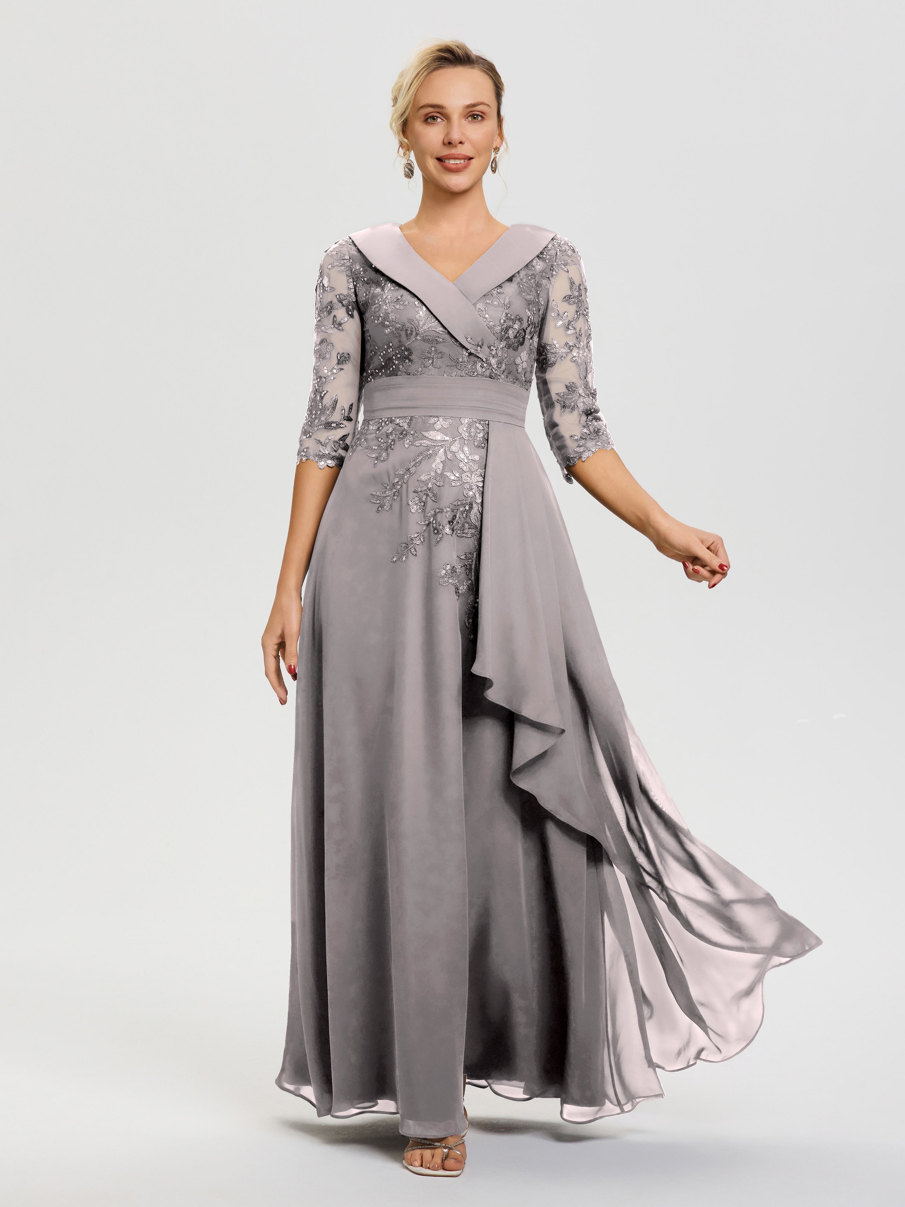 Silver Mother Of The Bride Dress With Sleeves A Line V Neck 3/4 Illusion Sleeves Appliqued Chiffon Floor Length Mother Of The Bride Dresses Silver Mother Of The Bride Dress With Sleeves A Line V Neck 3/4 Illusion Sleeves Appliqued Chiffon Floor Length Mother Of The Bride Dresses