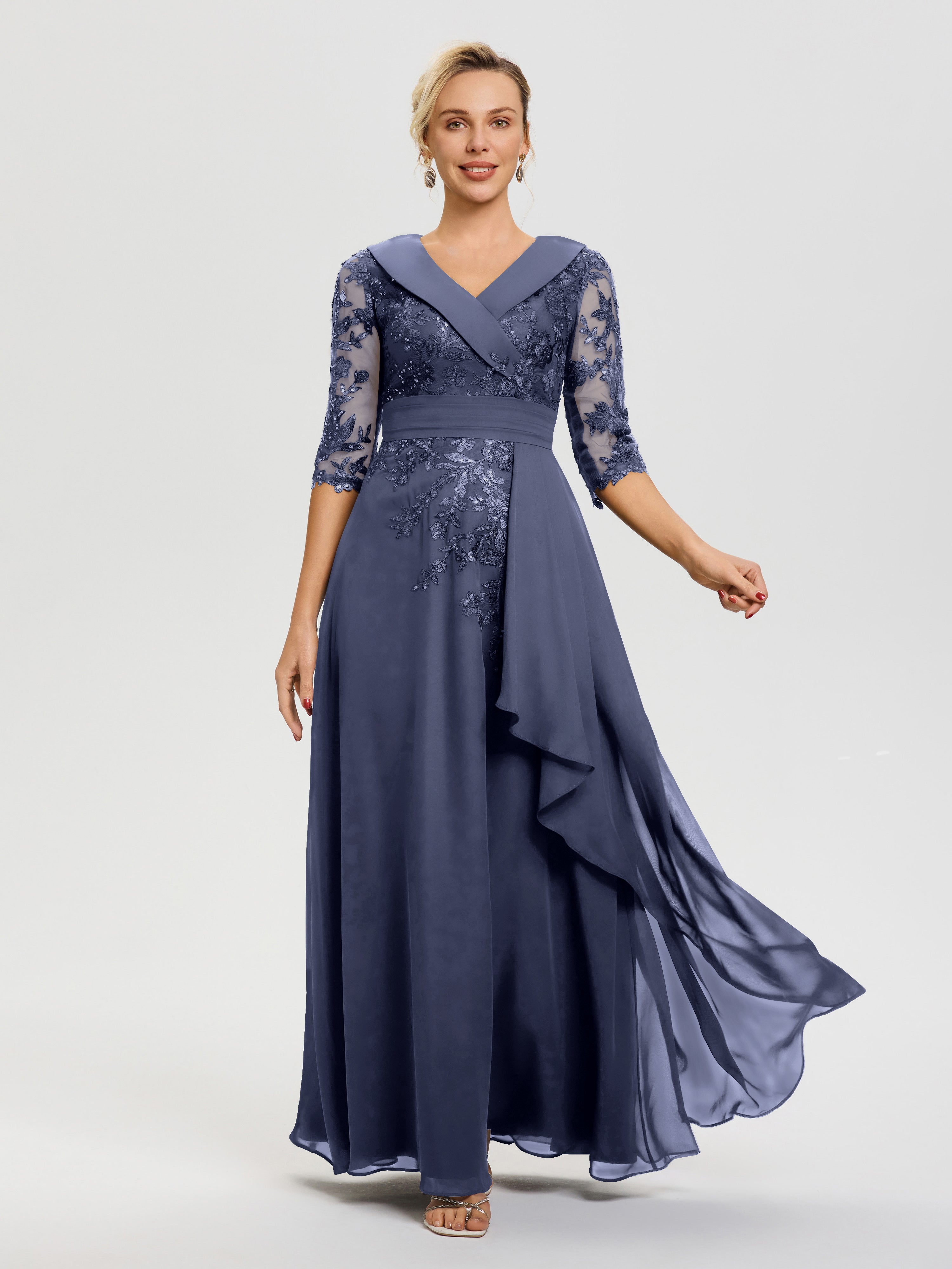 Stormy Dress Mother Of The Bride A Line V Neck 3/4 Illusion Sleeves Appliqued Chiffon Floor Length Mother Of The Bride Dresses