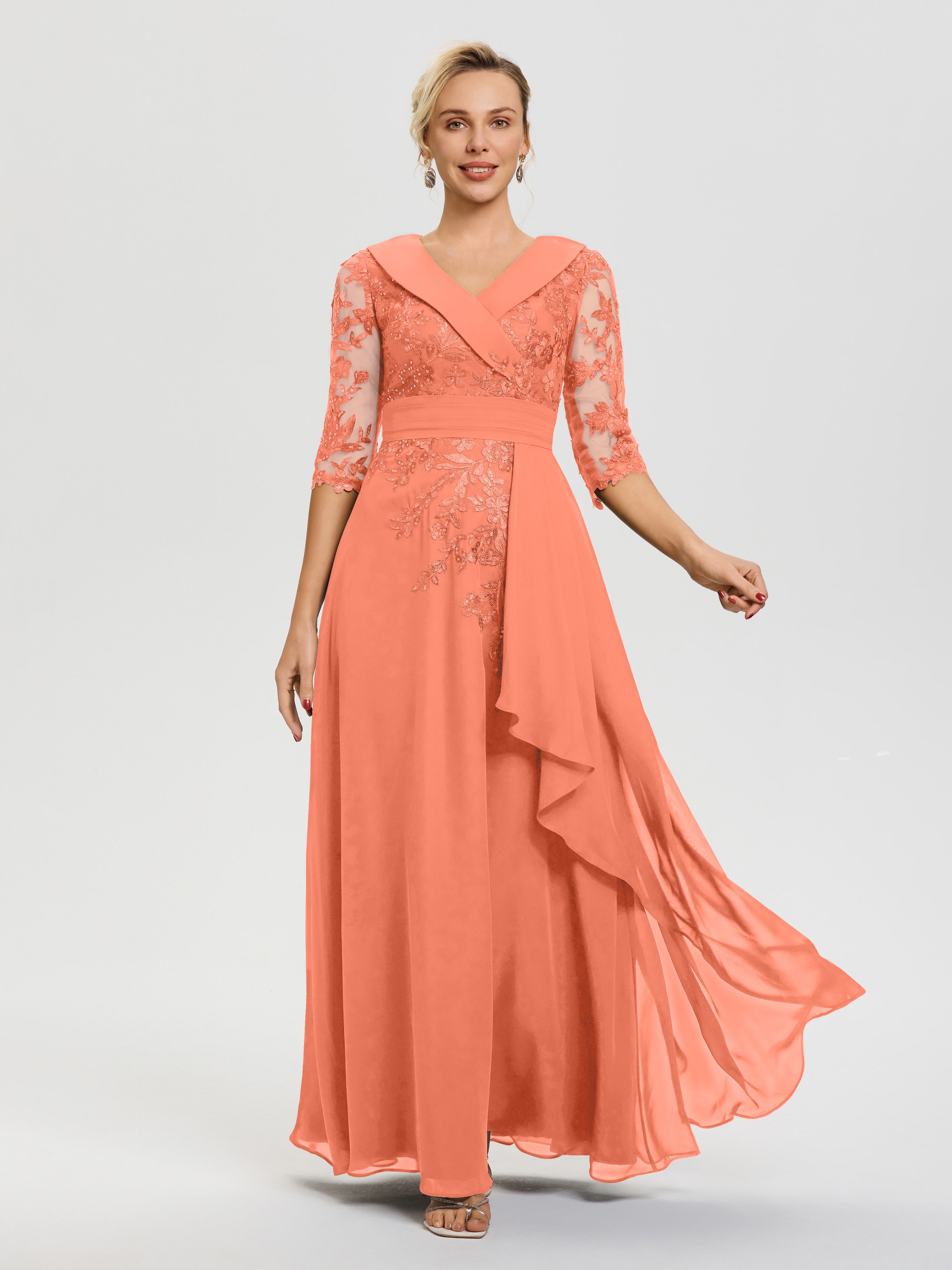 Mother of The Bride Dresses in Sunset A Line V Neck 3/4 Illusion Sleeves Appliqued Chiffon Floor Length Mother of The Bride Dresses Mother of The Bride Dresses in Sunset A Line V Neck 3/4 Illusion Sleeves Appliqued Chiffon Floor Length Mother of The Bride Dresses