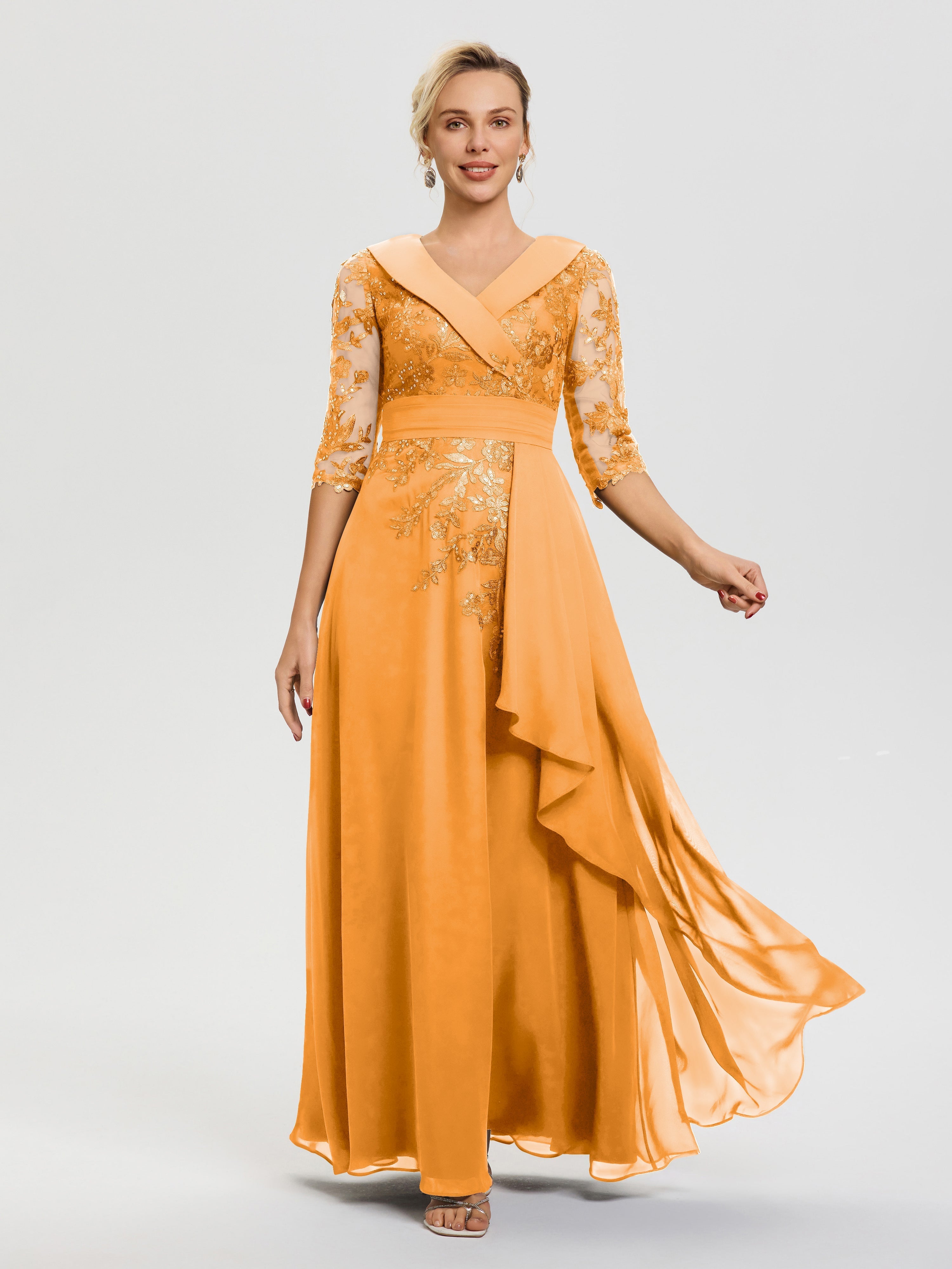 Tangerine Tea Length Mother Of The Bride Dresses A Line V Neck 3/4 Illusion Sleeves Appliqued Chiffon Floor Length Mother Of The Bride Dresses Tangerine Tea Length Mother Of The Bride Dresses A Line V Neck 3/4 Illusion Sleeves Appliqued Chiffon Floor Length Mother Of The Bride Dresses