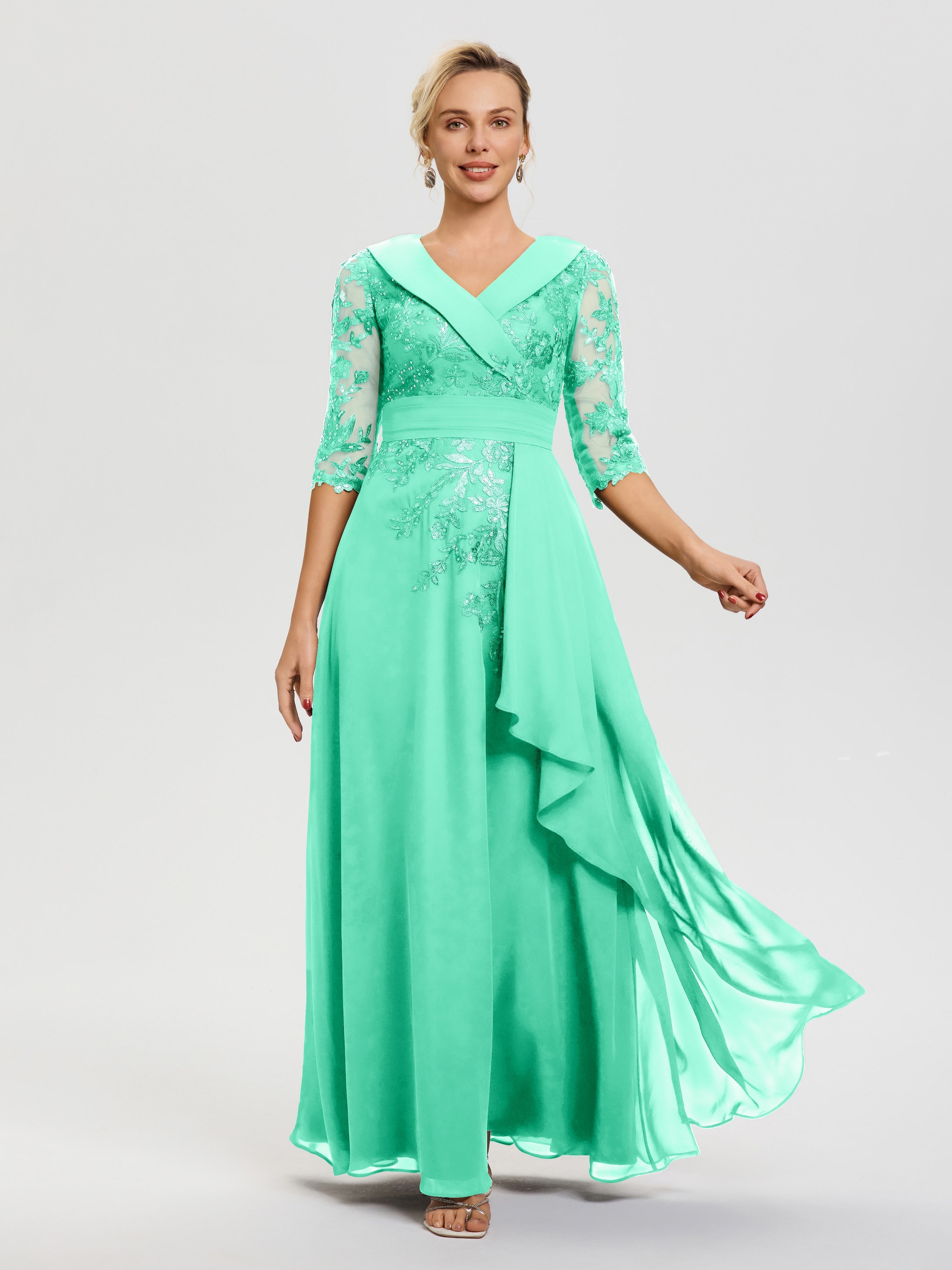 Turquoise Mother of The Bride Dresses A Line V Neck 3/4 Illusion Sleeves Appliqued Chiffon Floor Length Mother of The Bride Dresses Turquoise Mother of The Bride Dresses A Line V Neck 3/4 Illusion Sleeves Appliqued Chiffon Floor Length Mother of The Bride Dresses