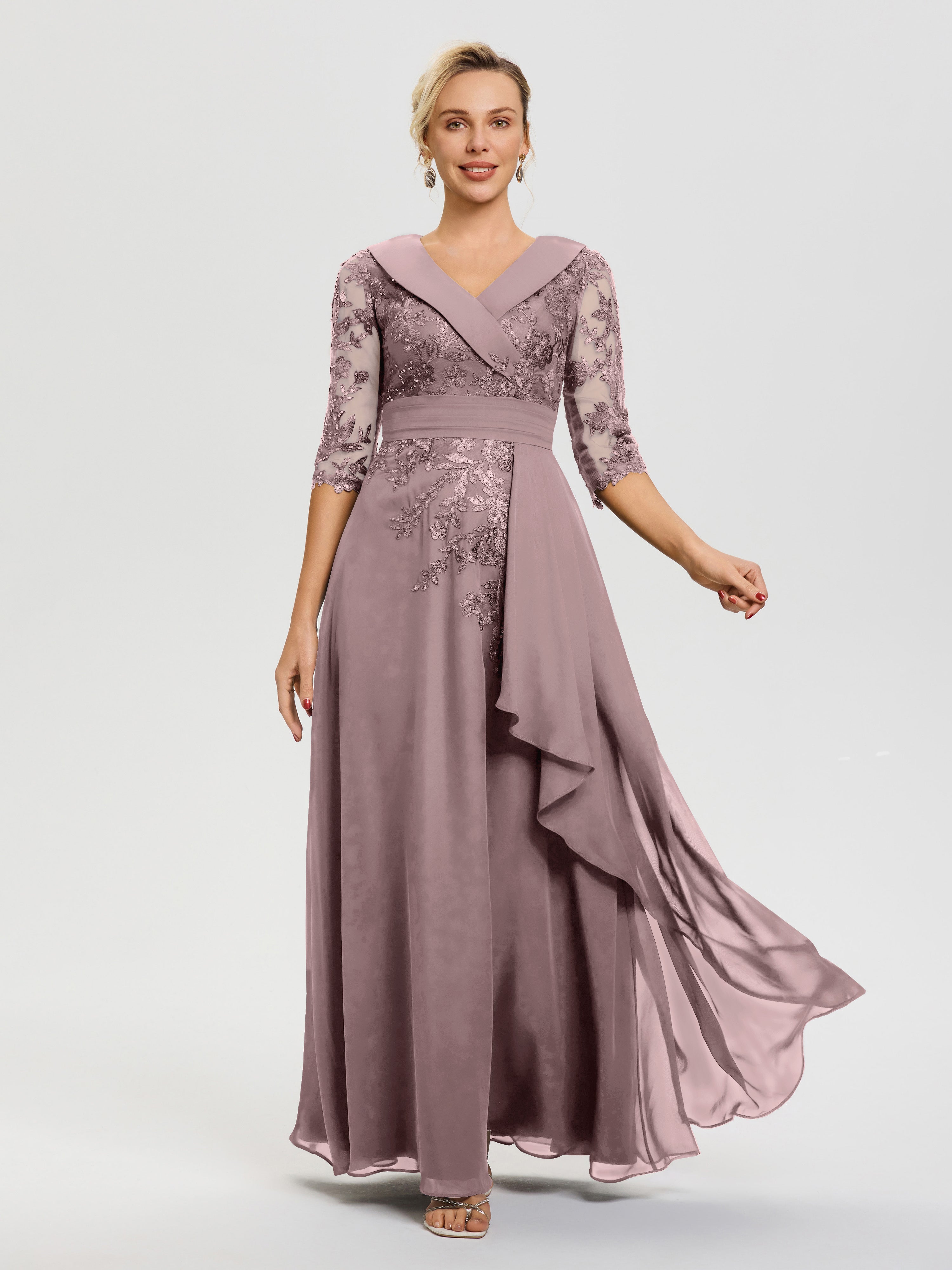 Mother Of The Bride Dresses Vintage Mauve A Line V Neck 3/4 Illusion Sleeves Appliqued Chiffon Floor Length Mother Of The Bride Dresses Mother Of The Bride Dresses Vintage Mauve A Line V Neck 3/4 Illusion Sleeves Appliqued Chiffon Floor Length Mother Of The Bride Dresses