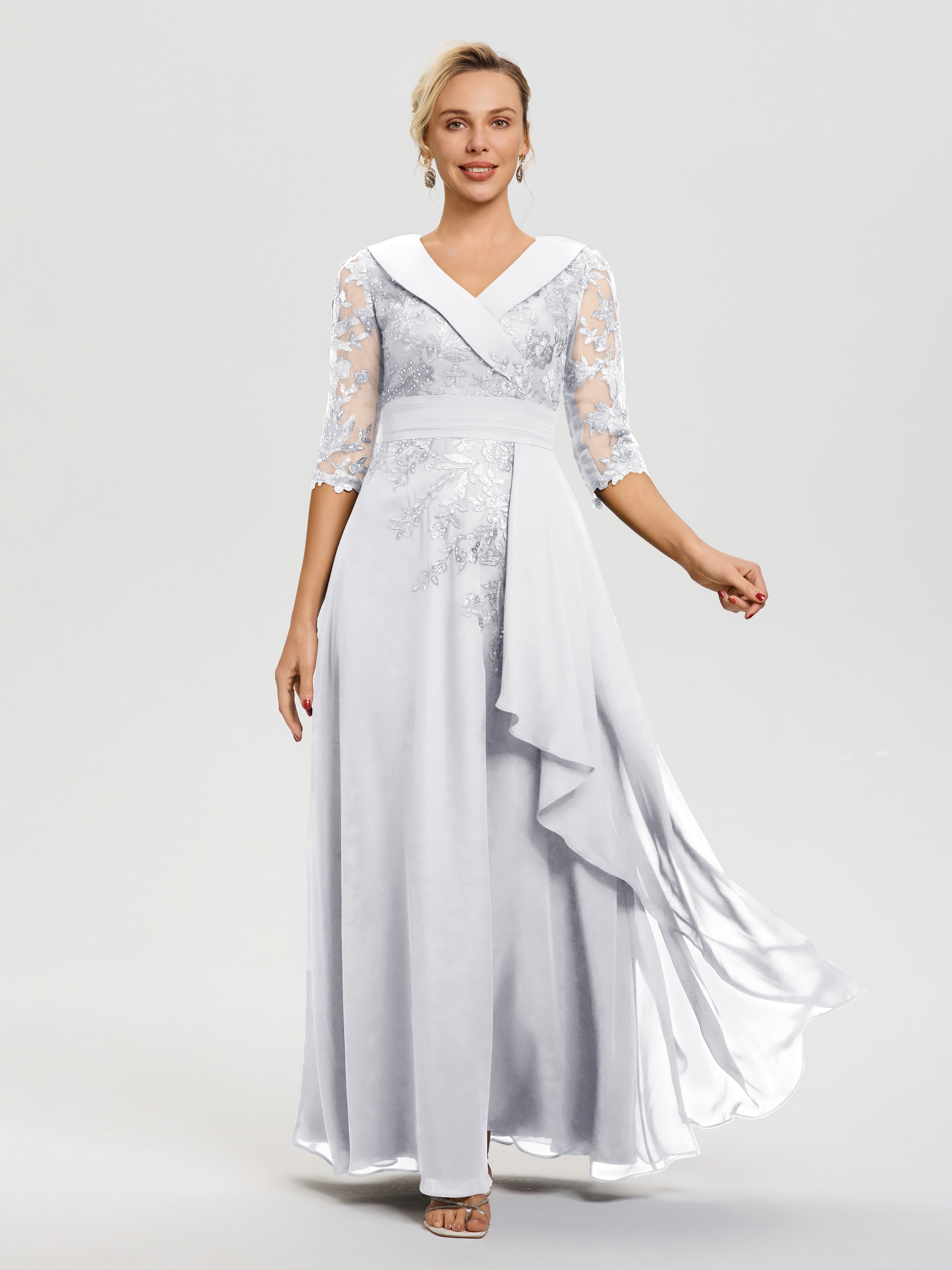 Mother Of The Bride White Jacket A Line V Neck 3/4 Illusion Sleeves Appliqued Chiffon Floor Length Mother Of The Bride Dresses Mother Of The Bride White Jacket A Line V Neck 3/4 Illusion Sleeves Appliqued Chiffon Floor Length Mother Of The Bride Dresses