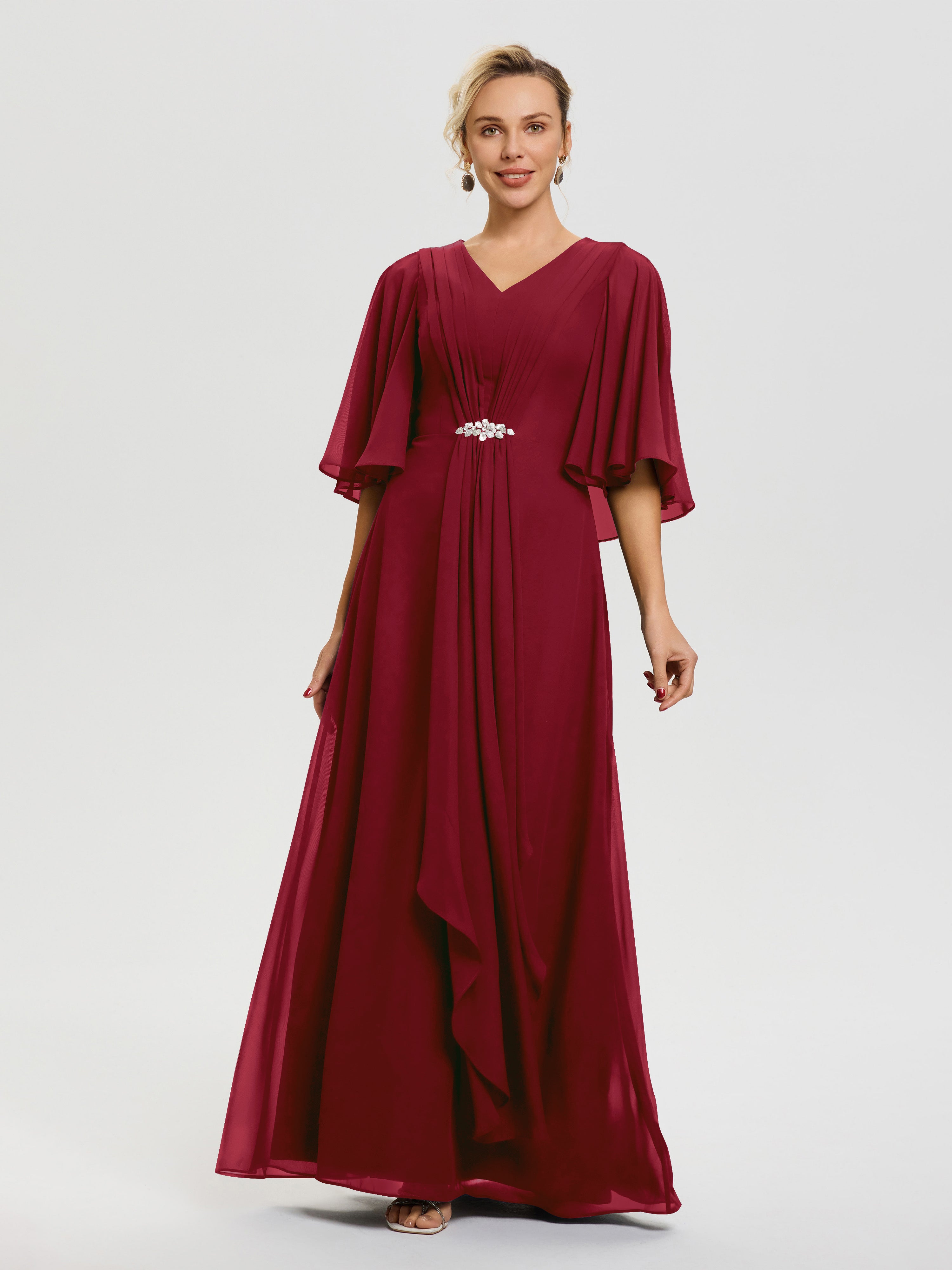 Mother Of The Bride Burgundy Dress Flowy Ruffle Sleeves V-Neck Ruched Back Zip Long Chiffon Mother Of The Bride Dresses Mother Of The Bride Burgundy Dress Flowy Ruffle Sleeves V-Neck Ruched Back Zip Long Chiffon Mother Of The Bride Dresses