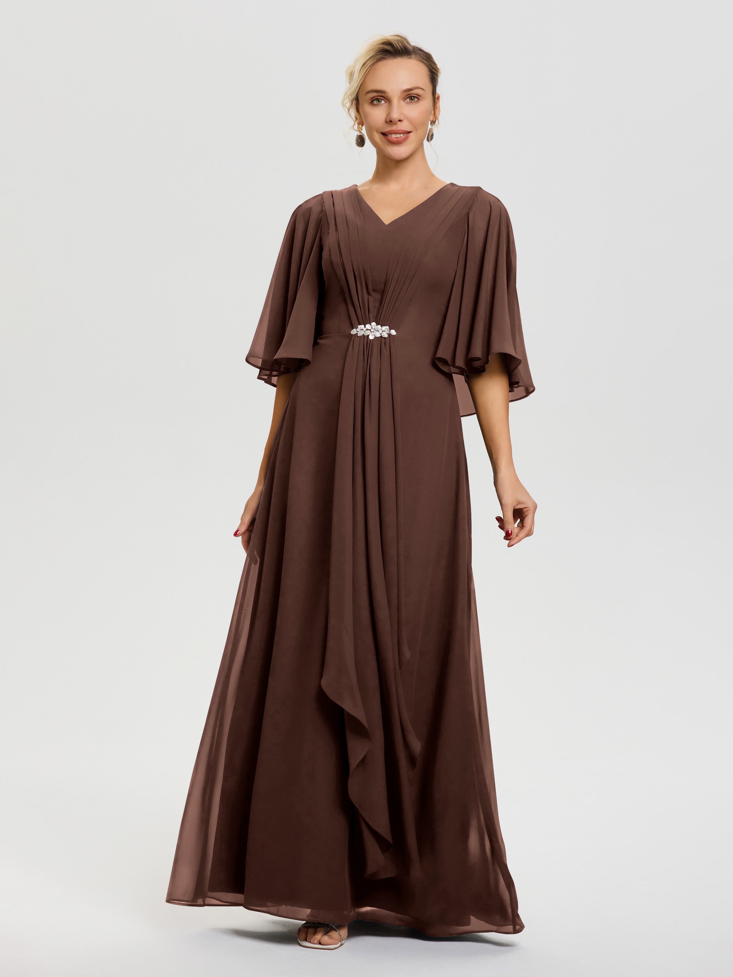Mother Of The Bride Dresses Chocolate Brown Flowy Ruffle Sleeves V-Nec