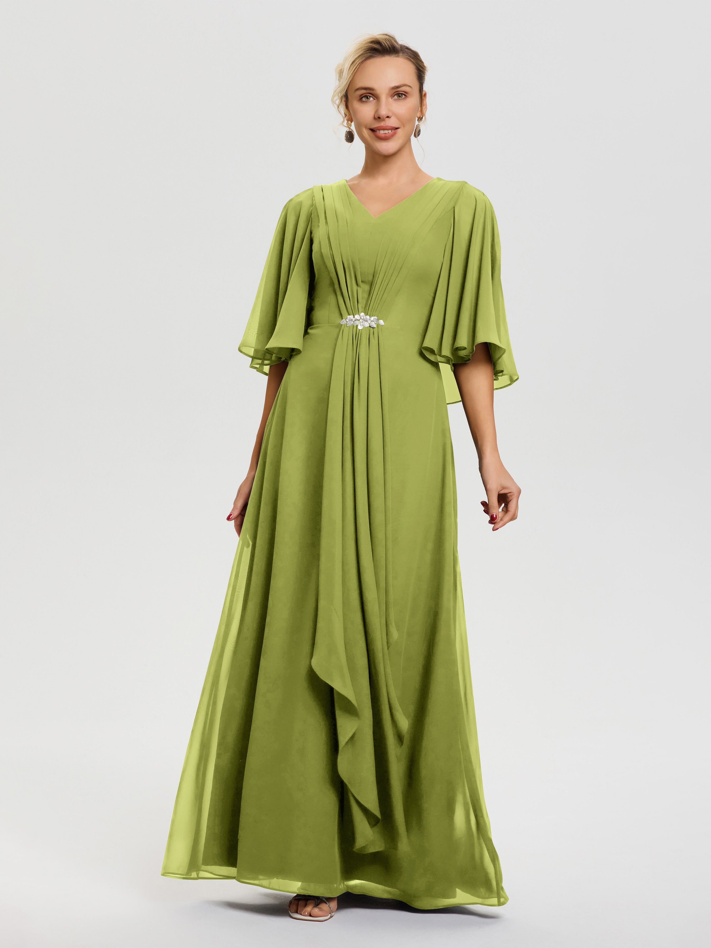 flowy mother of the groom dresses Mother Of The Bride Dresses Clover Flowy Ruffle Sleeves V-Neck Ruched Back Zip Long Chiffon Mother Of The Bride Dresses