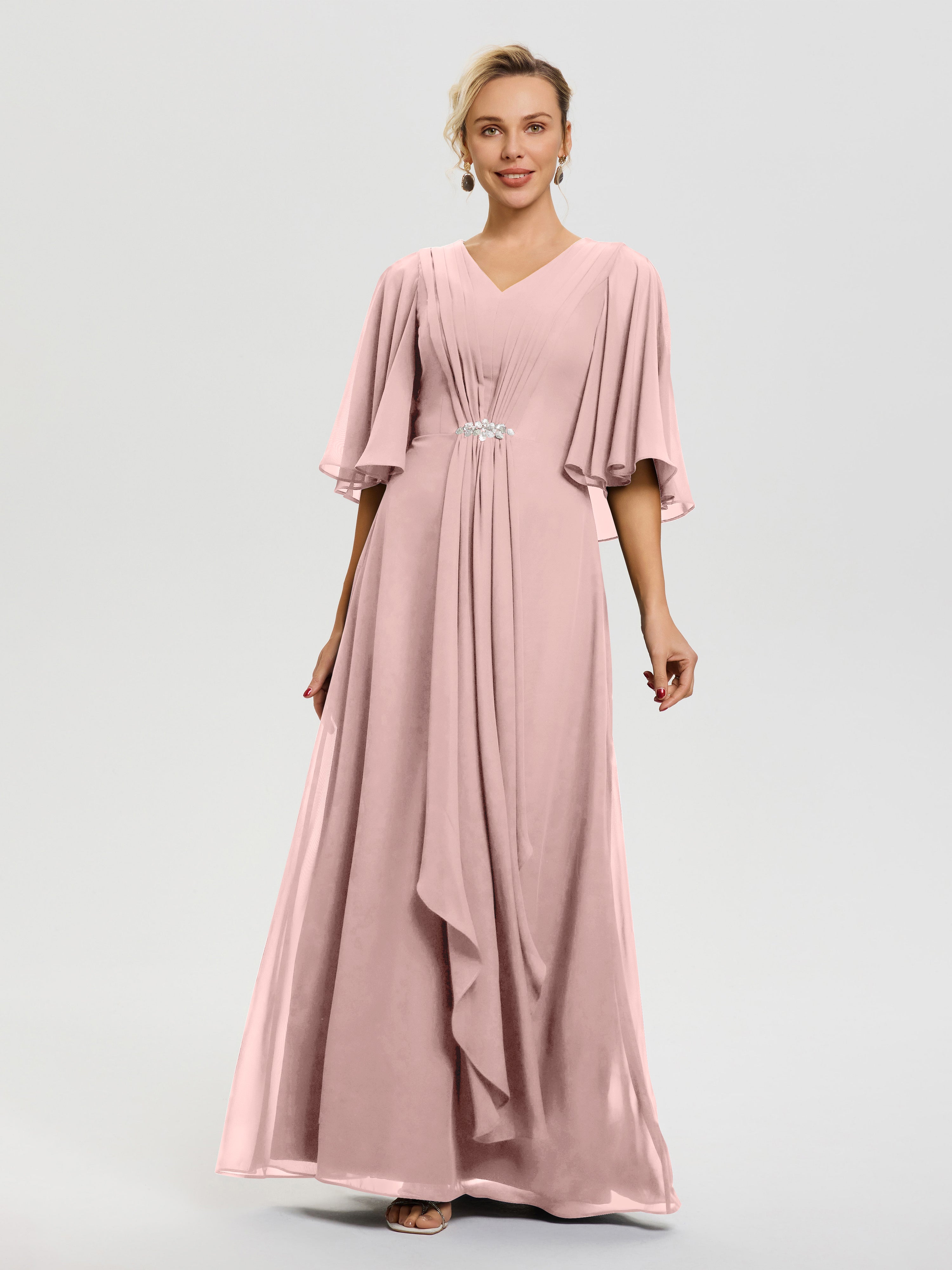 Mother Of The Bride Dusty Rose Dress Flowy Ruffle Sleeves V-Neck Ruched Back Zip Long Chiffon Mother Of The Bride Dresses Mother Of The Bride Dusty Rose Dress Flowy Ruffle Sleeves V-Neck Ruched Back Zip Long Chiffon Mother Of The Bride Dresses