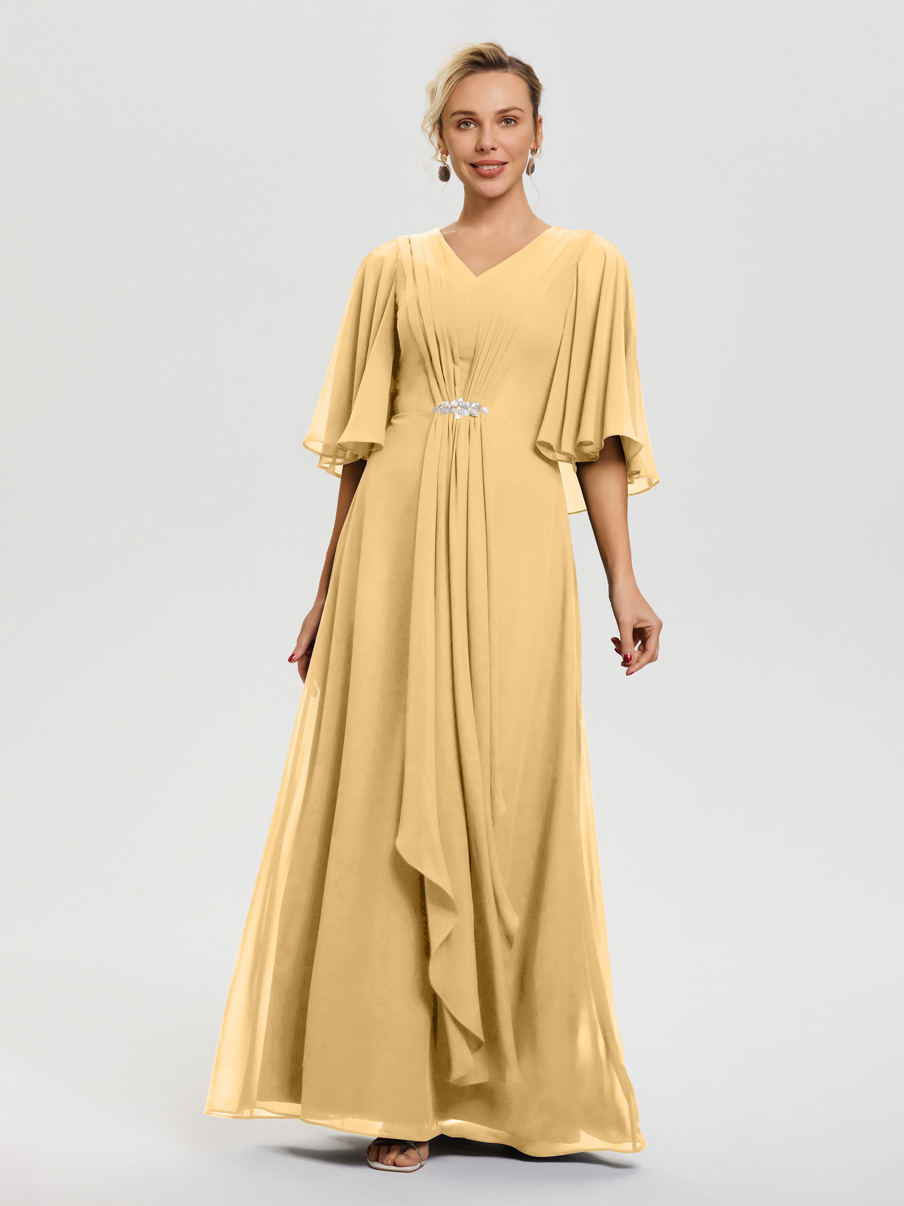 yellow flowy dresses Elegant Gold Mother Of The Bride Dresses Flowy Ruffle Sleeves V-Neck Ruched Back Zip Long Chiffon Mother Of The Bride Dresses