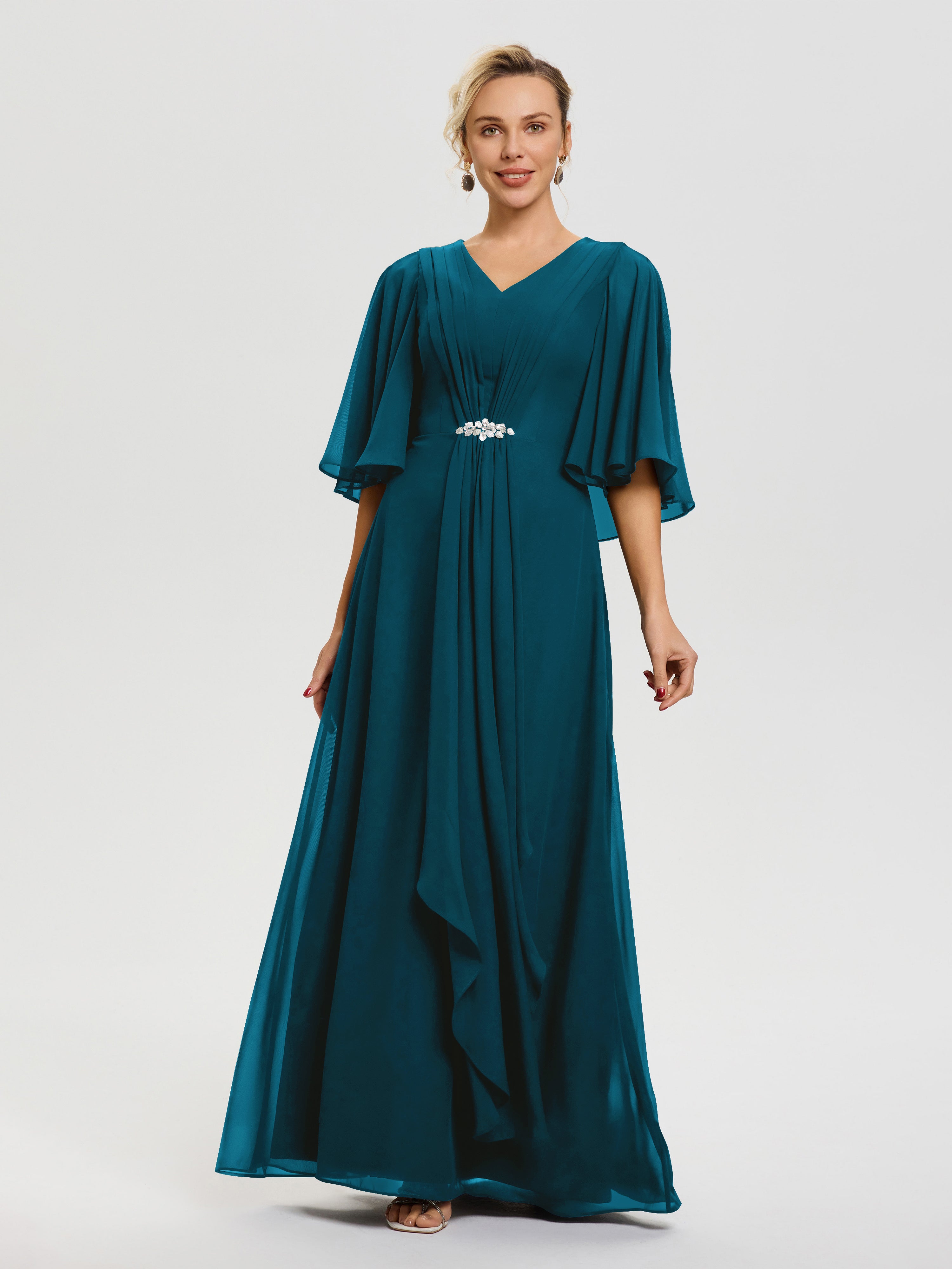 Ink Blue Mother of The Bride Dresses Flowy Ruffle Sleeves V-Neck Ruched Back Zip Long Chiffon Mother of The Bride Dresses