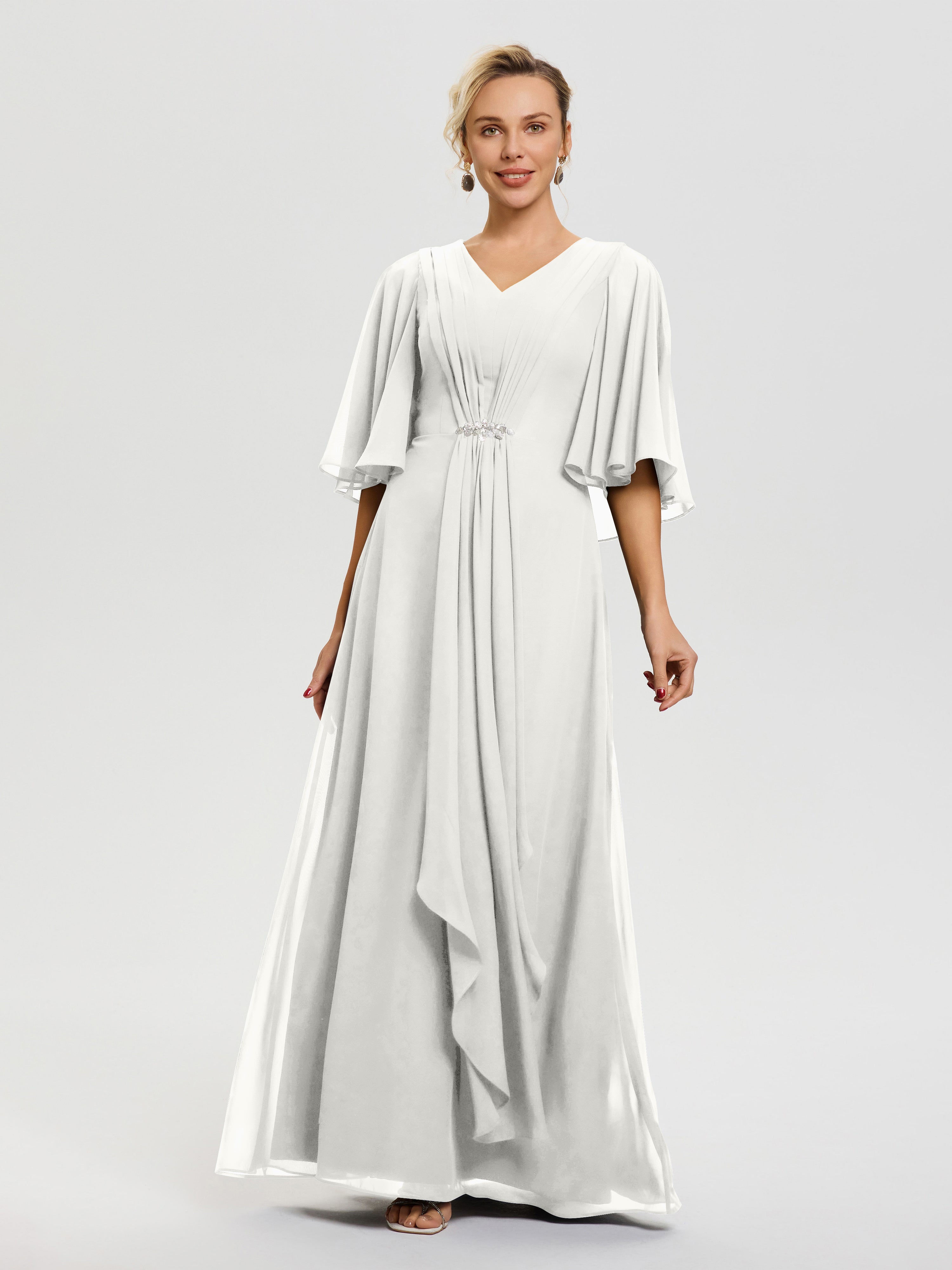 flowy ivory dress Mother Of Bride Gowns Ruffle Sleeves V-Neck Ruched Back Zip Long Chiffon Mother Of The Bride Dresses fabric_Taffeta sheer sleeves * Lined Slaydiva Plus Size Women PRINT SIZE:48