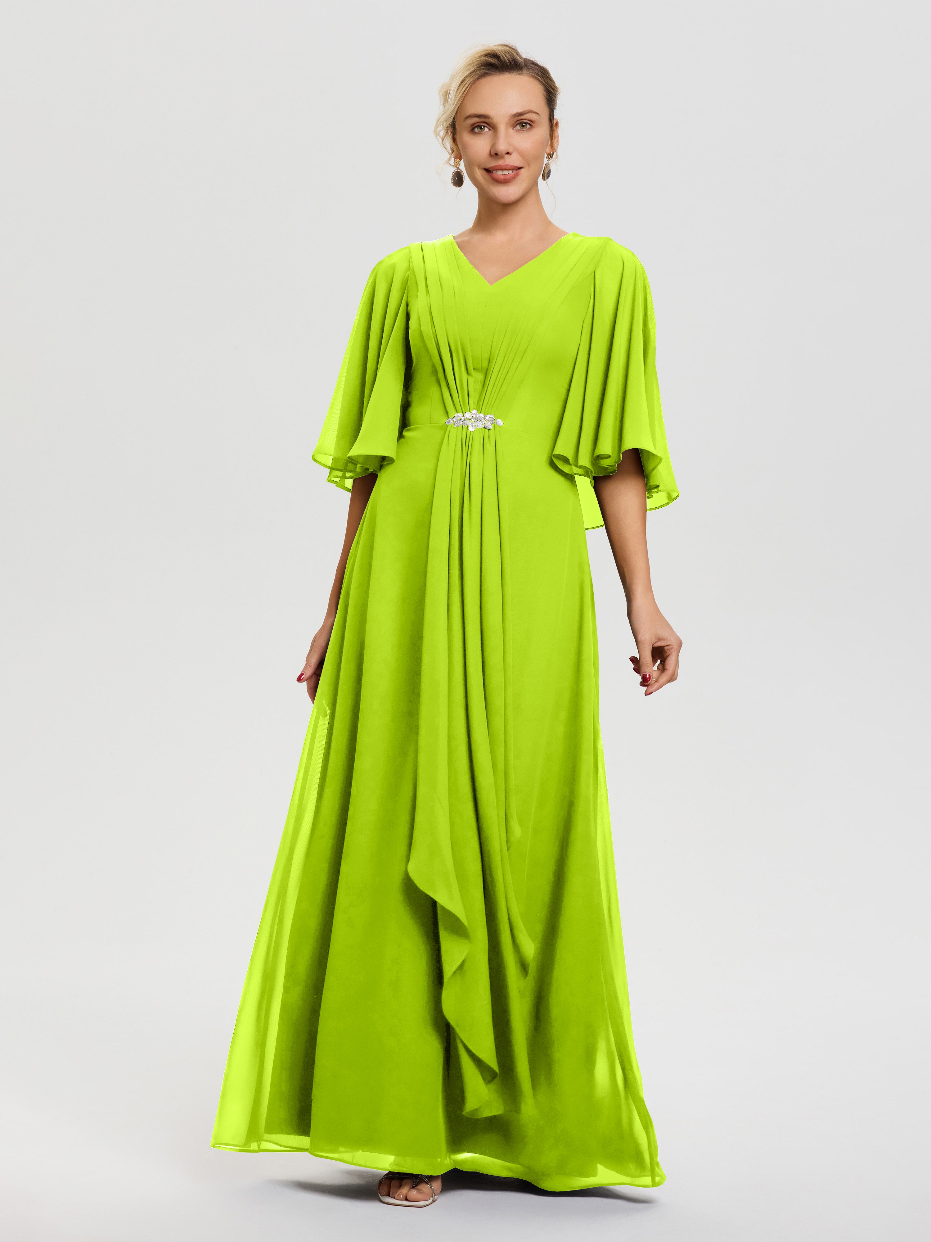 slim fit dress slacks Lime Green Mother of The Bride Dresses Flowy Ruffle Sleeves V-Neck Ruched Back Zip Long Chiffon Mother of The Bride Dresses