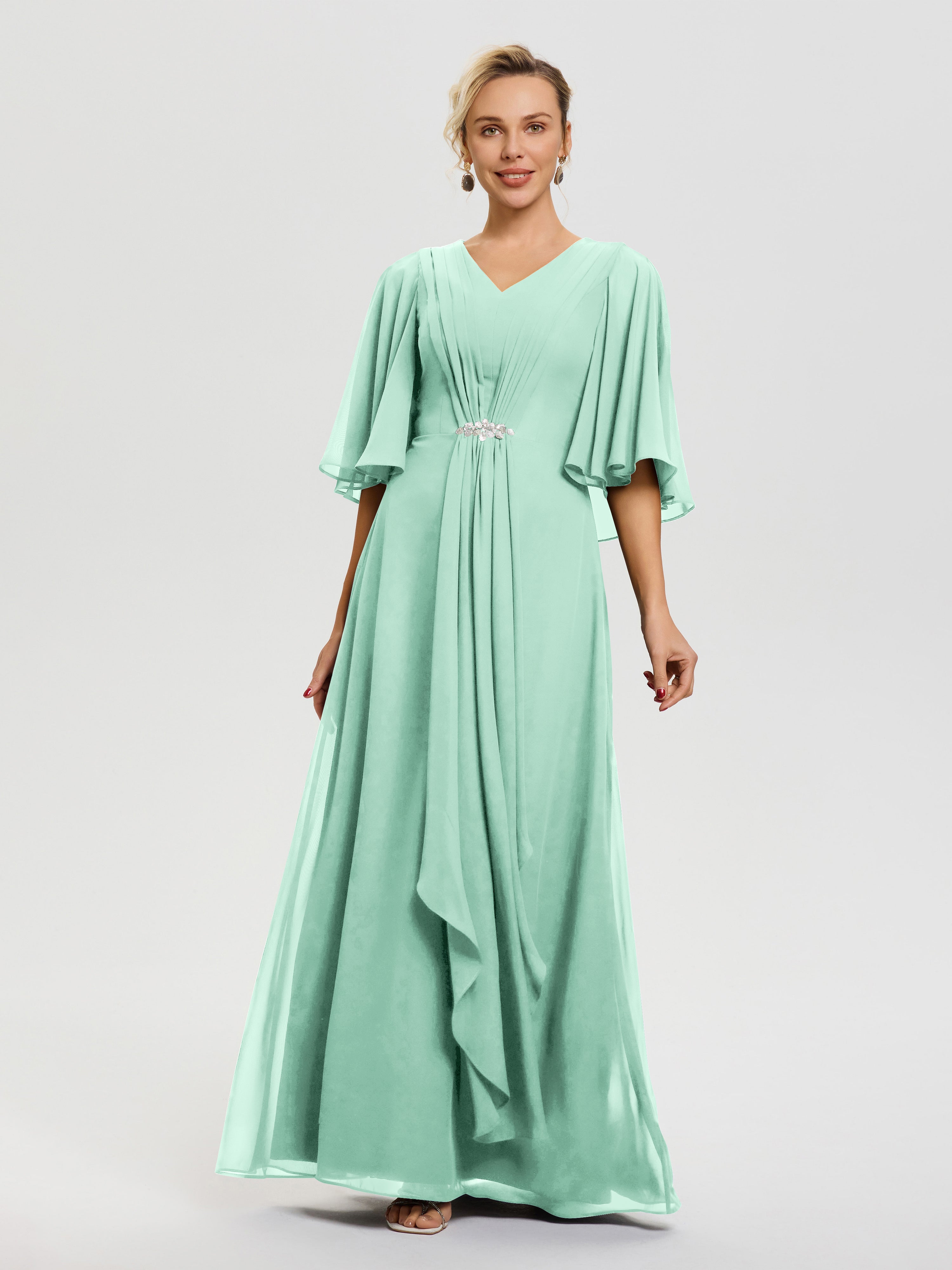 flowy mint green dress Mother Of The Bride Dress In Mint Green Flowy Ruffle Sleeves V-Neck Ruched Back Zip Long Chiffon Mother Of The Bride Dresses