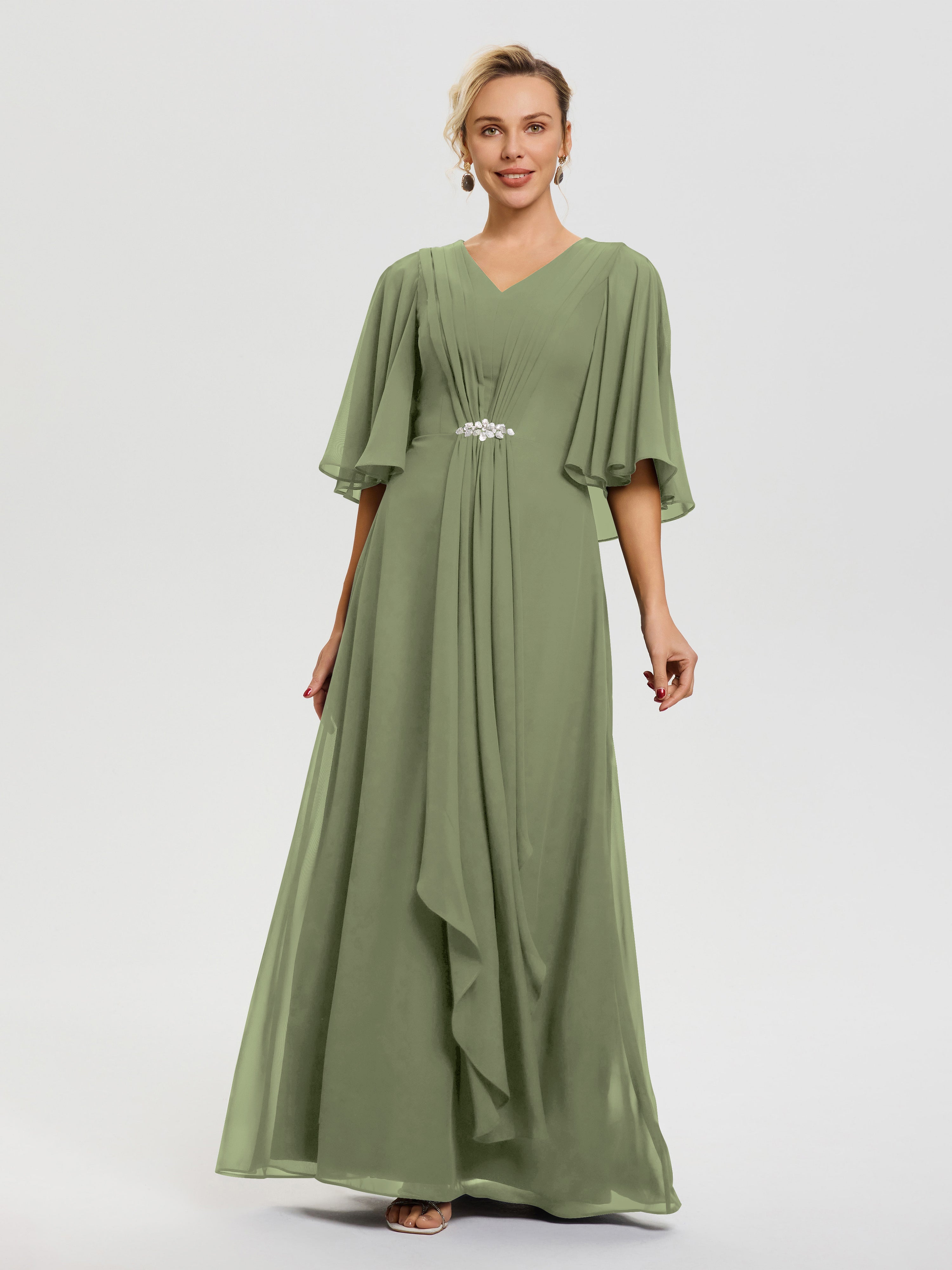 Mother of The Bride Dress Olive Green Flowy Ruffle Sleeves V-Neck Ruched Back Zip Long Chiffon Mother of The Bride Dresses