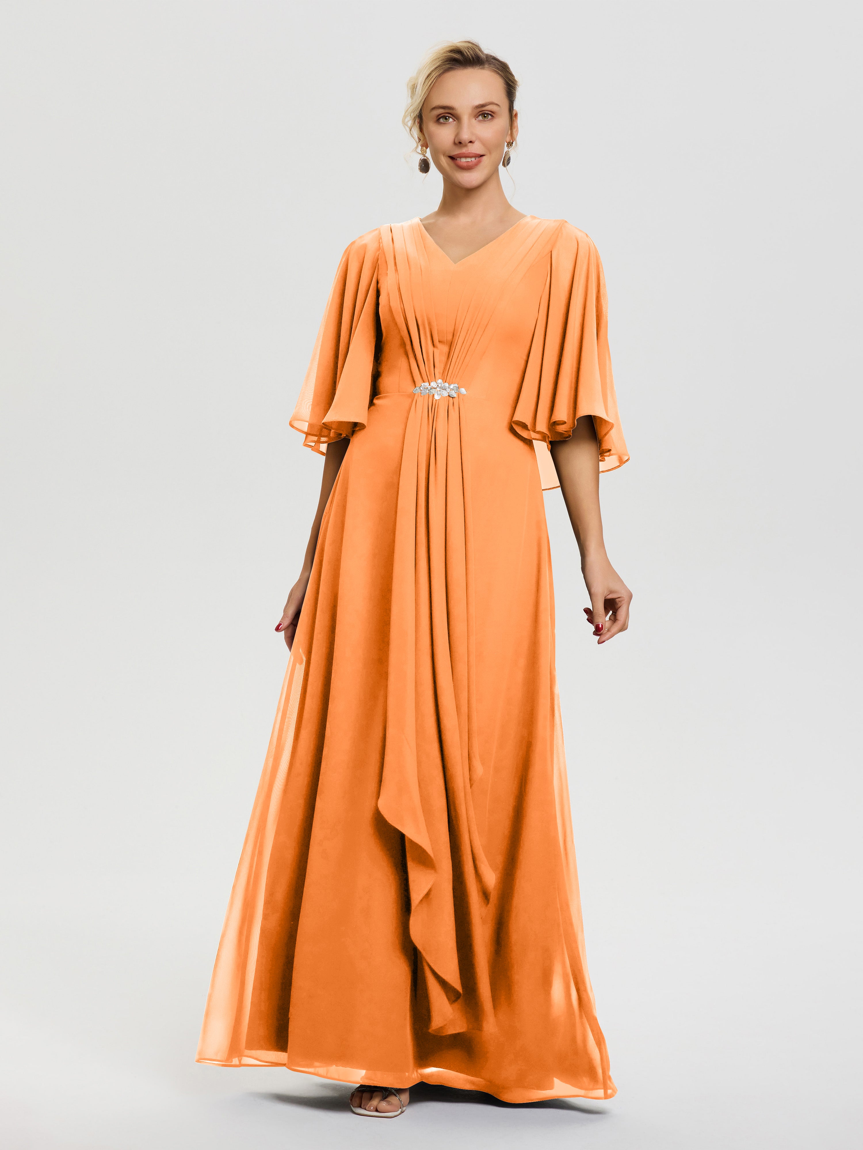 Mother Of The Bride Orange Dresses Flowy Ruffle Sleeves V-Neck Ruched