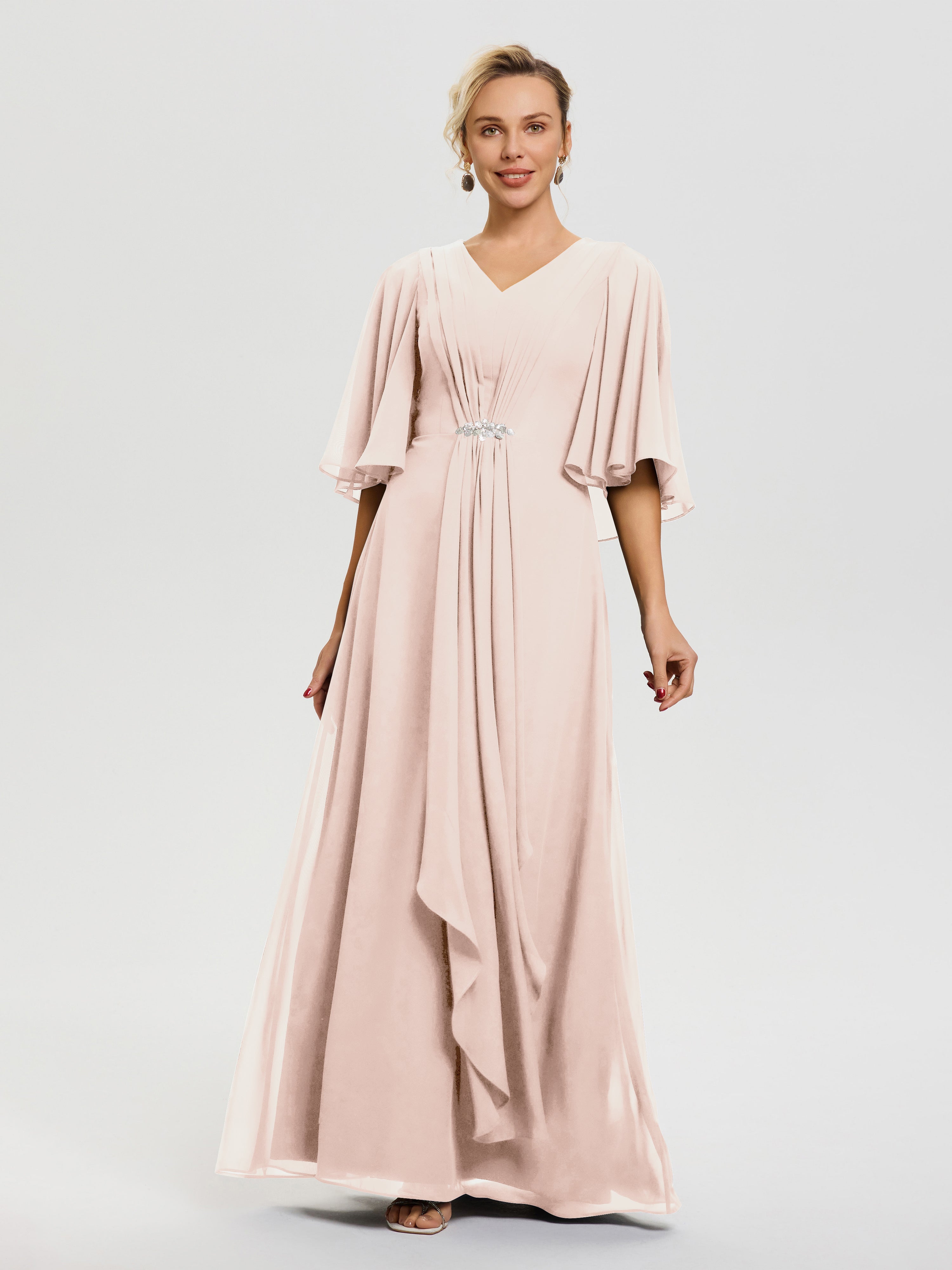 Mother Of The Bride Dress Pearl Pink Flowy Ruffle Sleeves V-Neck Ruche Mother Of The Bride Dress Pearl Pink Flowy Ruffle Sleeves V-Neck Ruche