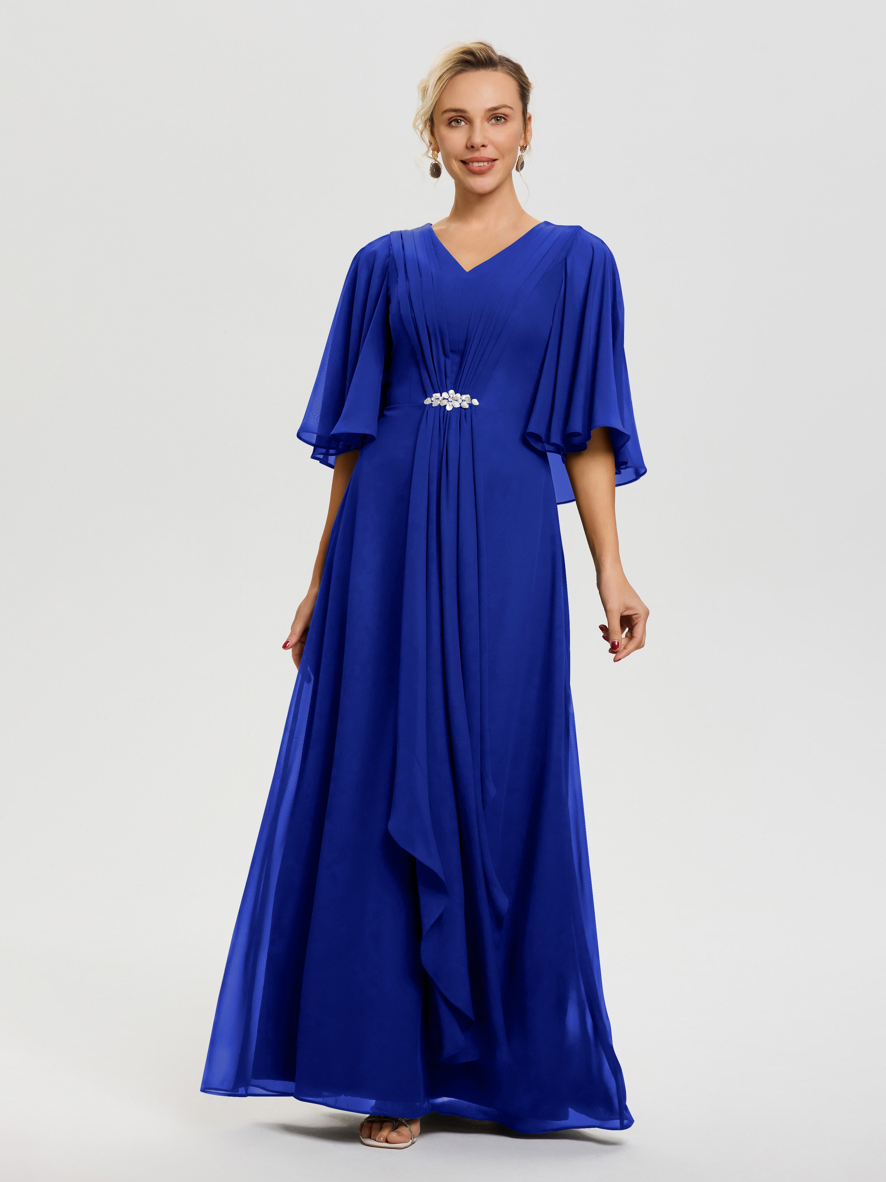 Mother Of The Bride Dress Royal Blue Flowy Ruffle Sleeves V-Neck Ruche Mother Of The Bride Dress Royal Blue Flowy Ruffle Sleeves V-Neck Ruche