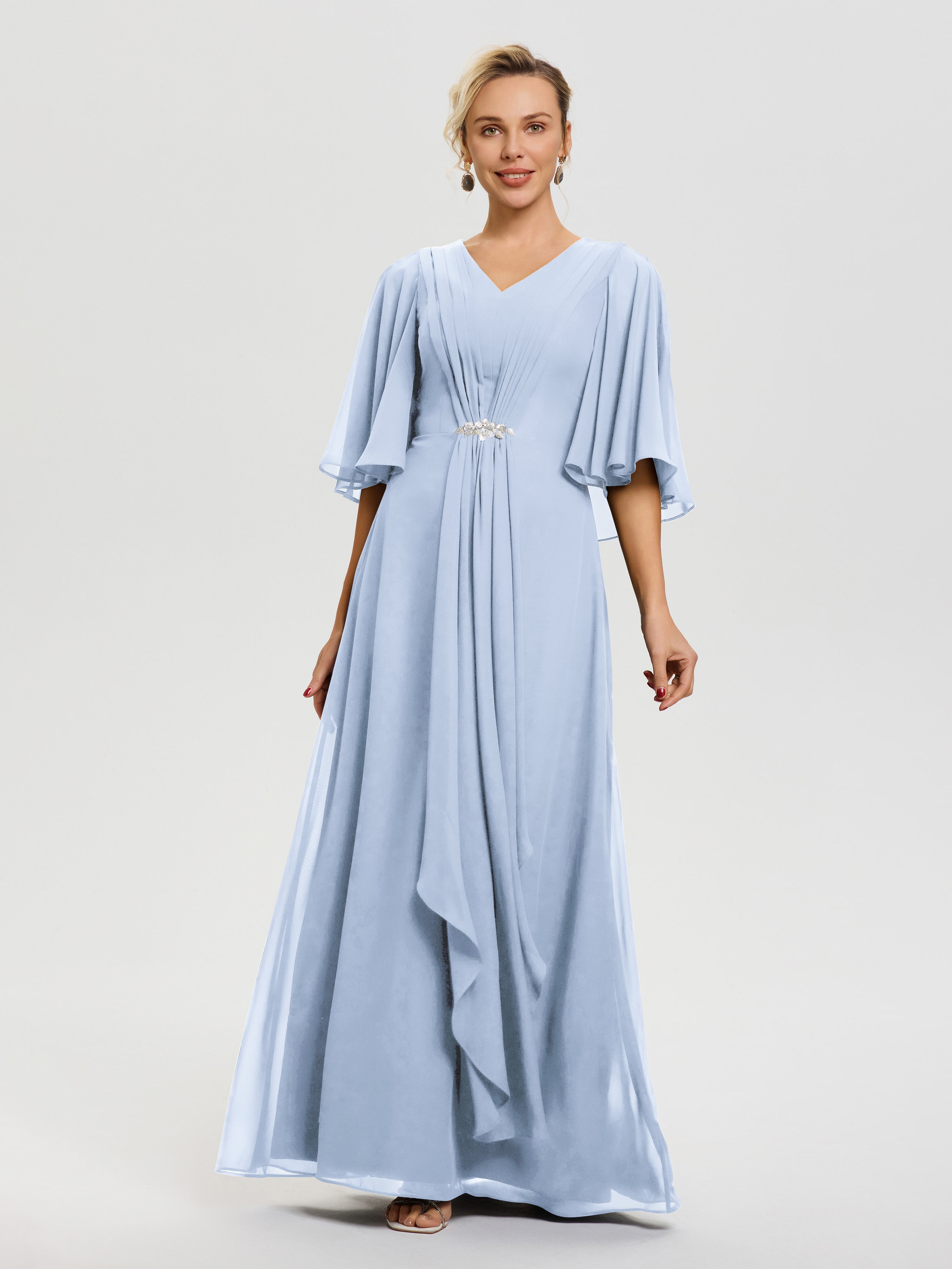 mother of the bride flowy dresses Sky Blue Ruffle Sleeves V-Neck Ruched Back Zip Long Chiffon Mother Of The Bride Dresses women pageant This navy blue floral Colour:ROSE QUARTZ AND BLACK $60 NEW GAP Green