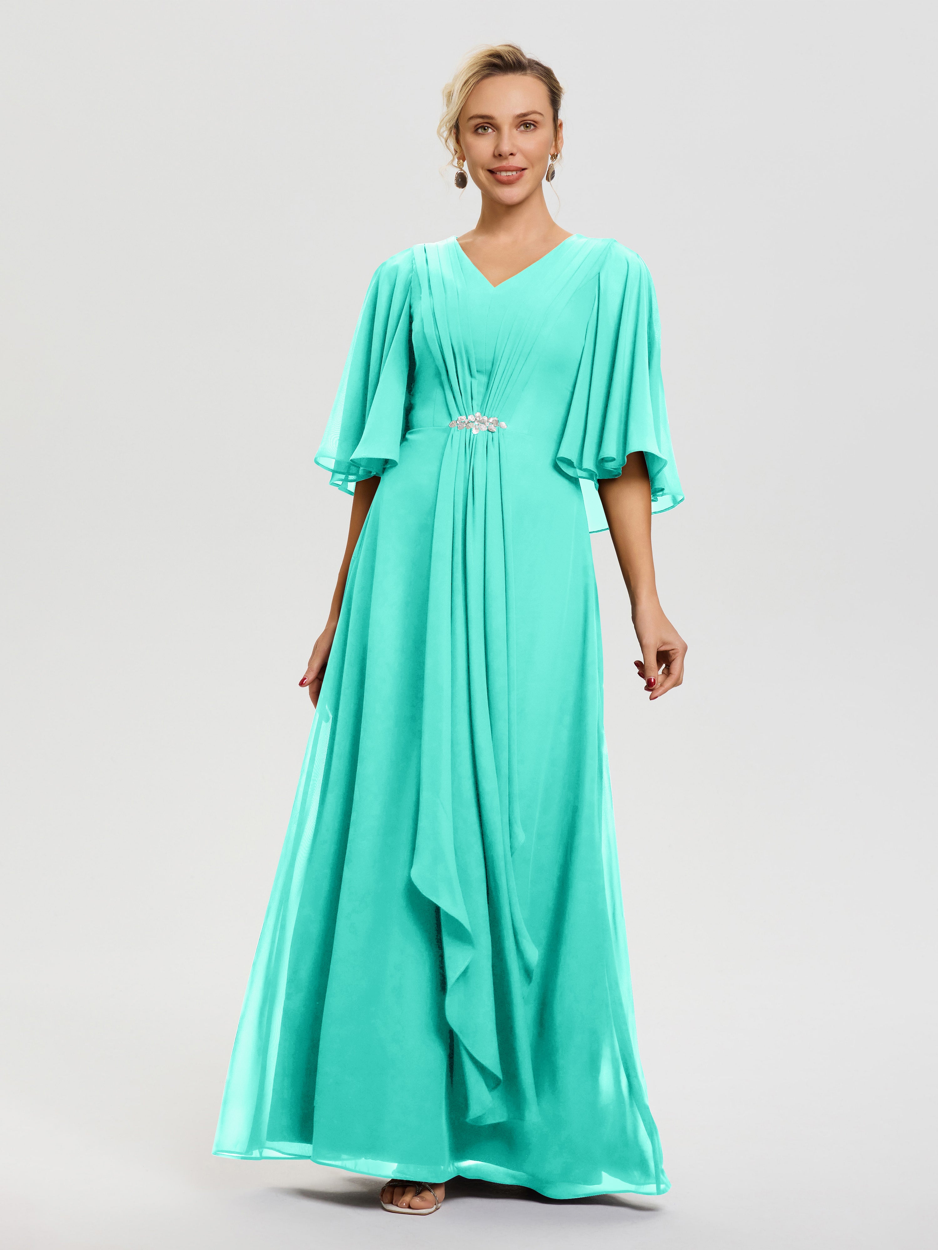 Spa Mother of Bride Dress Flowy Ruffle Sleeves V-Neck Ruched Back Zip Long Chiffon Mother of The Bride Dresses