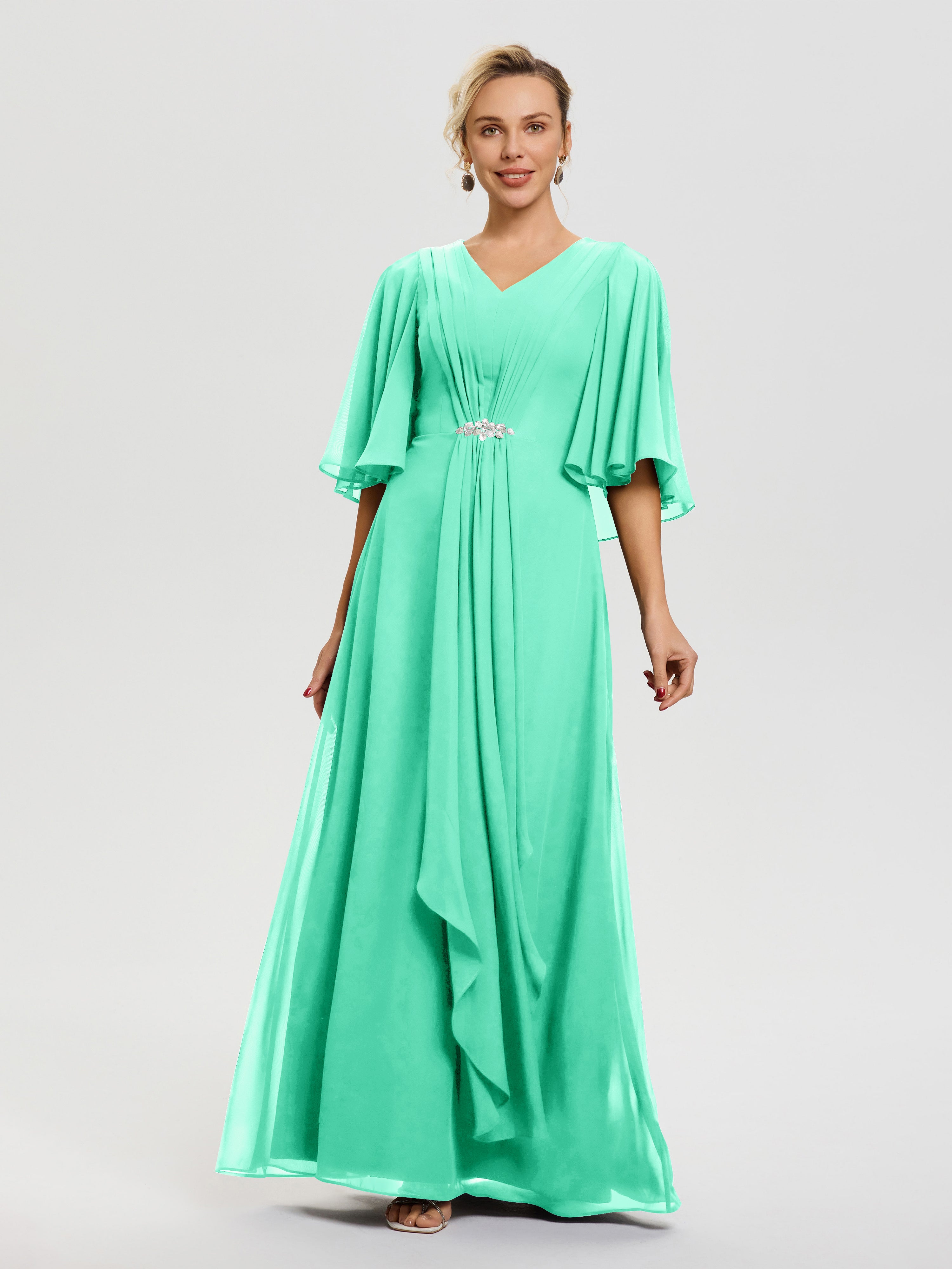 Mother Of The Bride Turquoise Dress Flowy Ruffle Sleeves V-Neck Ruched Mother Of The Bride Turquoise Dress Flowy Ruffle Sleeves V-Neck Ruched
