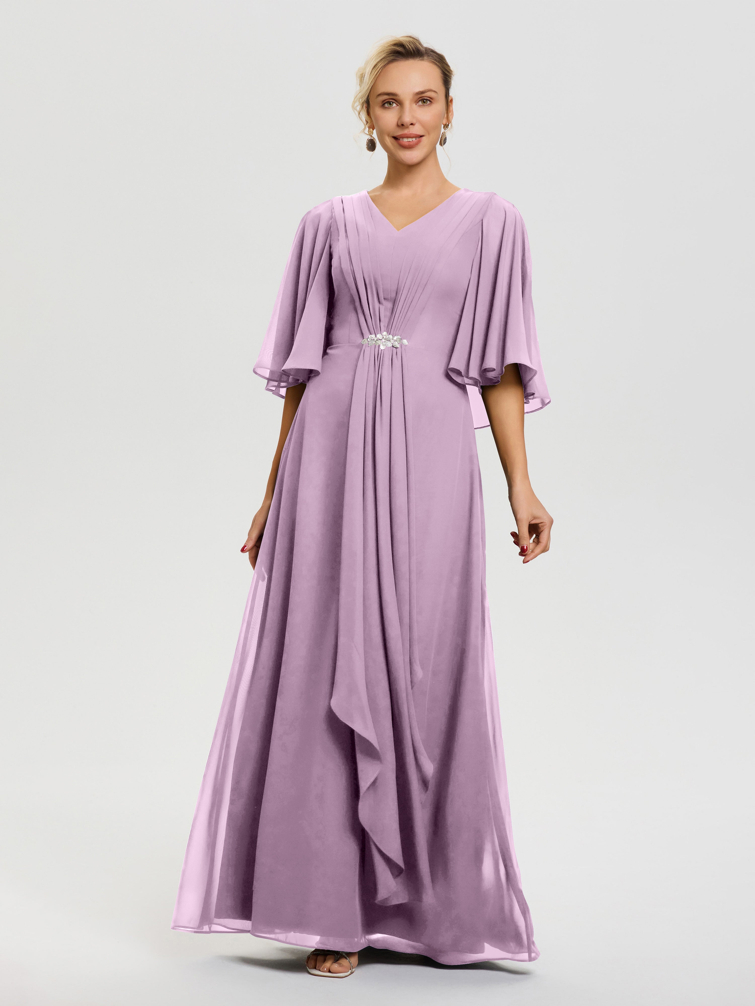 Mother of The Bride Dresses in Wisteria Flowy Ruffle Sleeves V-Neck Ruched Back Zip Long Chiffon Mother of The Bride Dresses