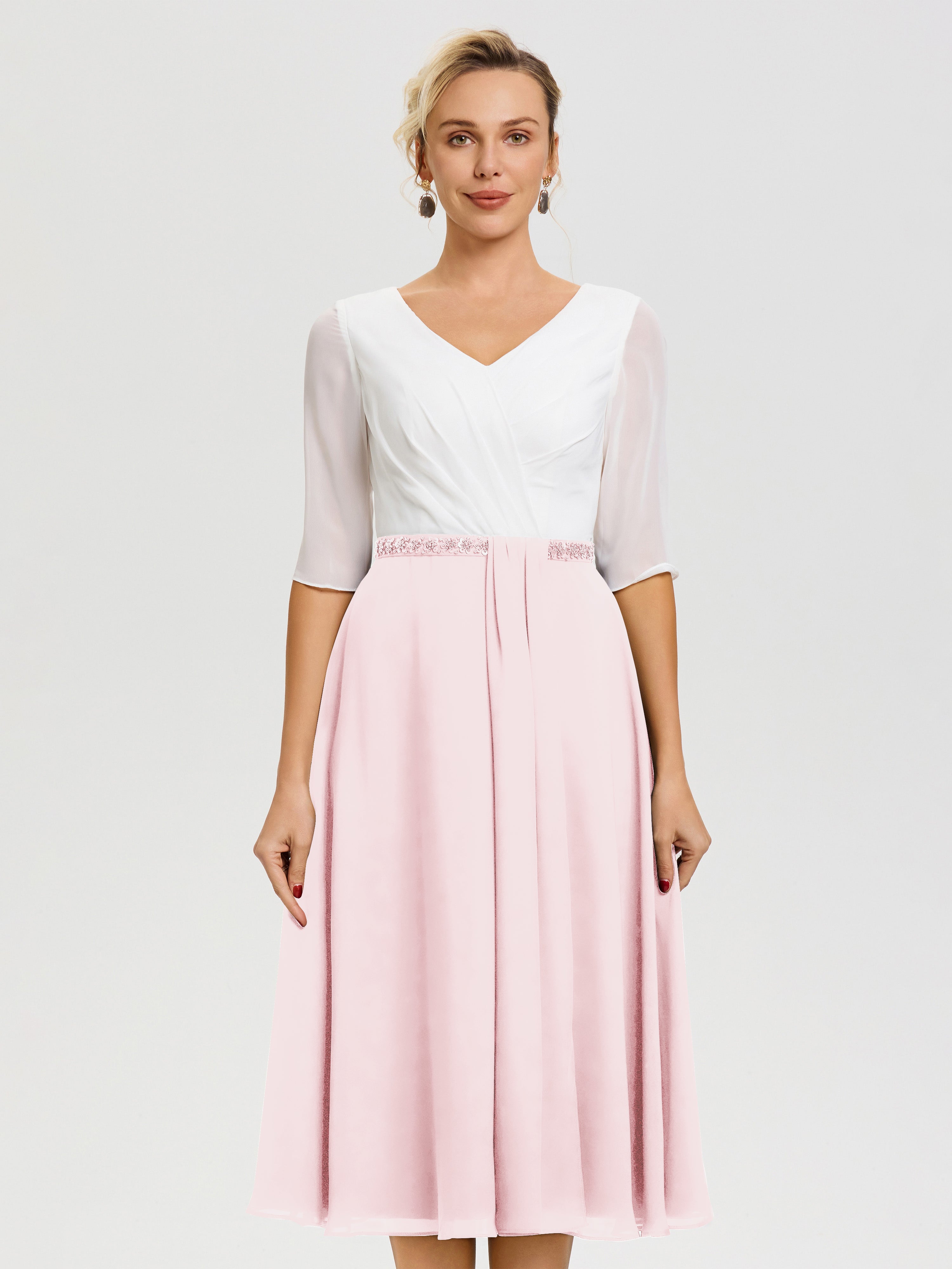 Mother Of The Bride Dresses Blush Pink A-Line Half Sleeves V-Neck Bead Mother Of The Bride Dresses Blush Pink A-Line Half Sleeves V-Neck Bead