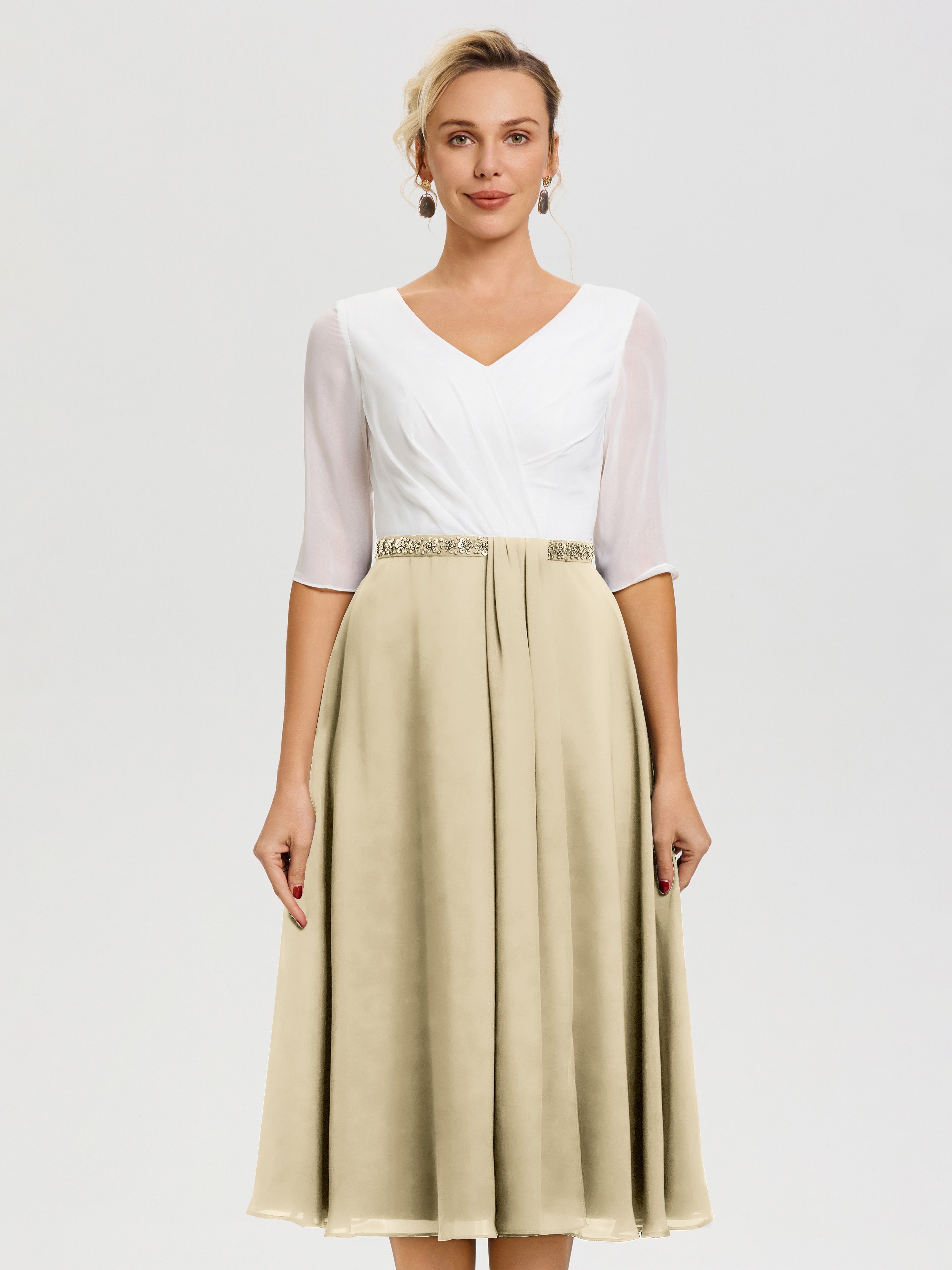 Champagne Color Mother Of The Bride Dress A-Line Half Sleeves V-Neck B Champagne Color Mother Of The Bride Dress A-Line Half Sleeves V-Neck B