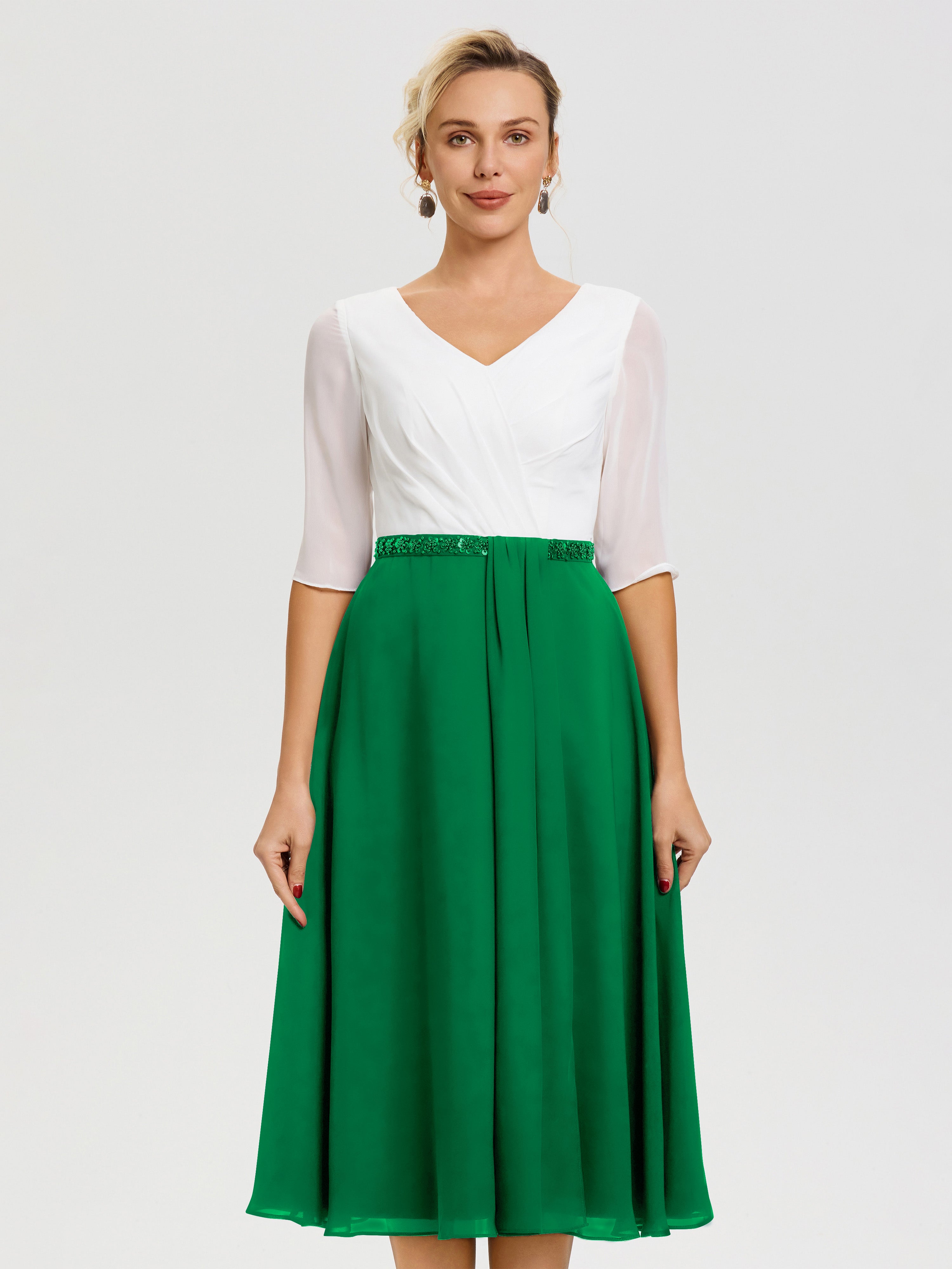 Emerald Green Dress For Mother Of The Bride A-Line Half Sleeves V-Neck Beaded Waist Tea-Length Chiffon Mother Of The Bride Dress Emerald Green Dress For Mother Of The Bride A-Line Half Sleeves V-Neck Beaded Waist Tea-Length Chiffon Mother Of The Bride Dress