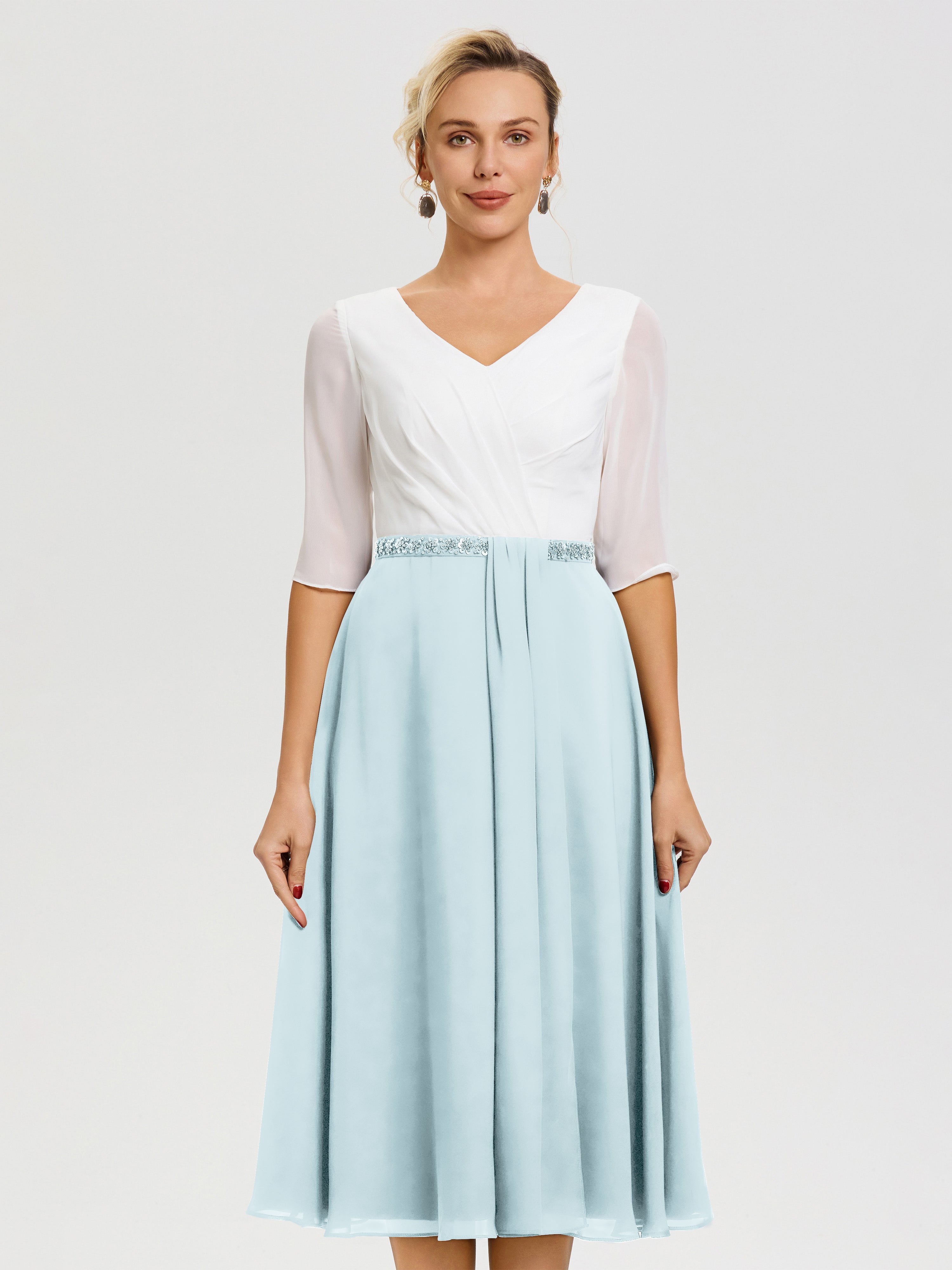 Mother Of The Bride Dresses Mist A-Line Half Sleeves V-Neck Beaded Wai Mother Of The Bride Dresses Mist A-Line Half Sleeves V-Neck Beaded Wai