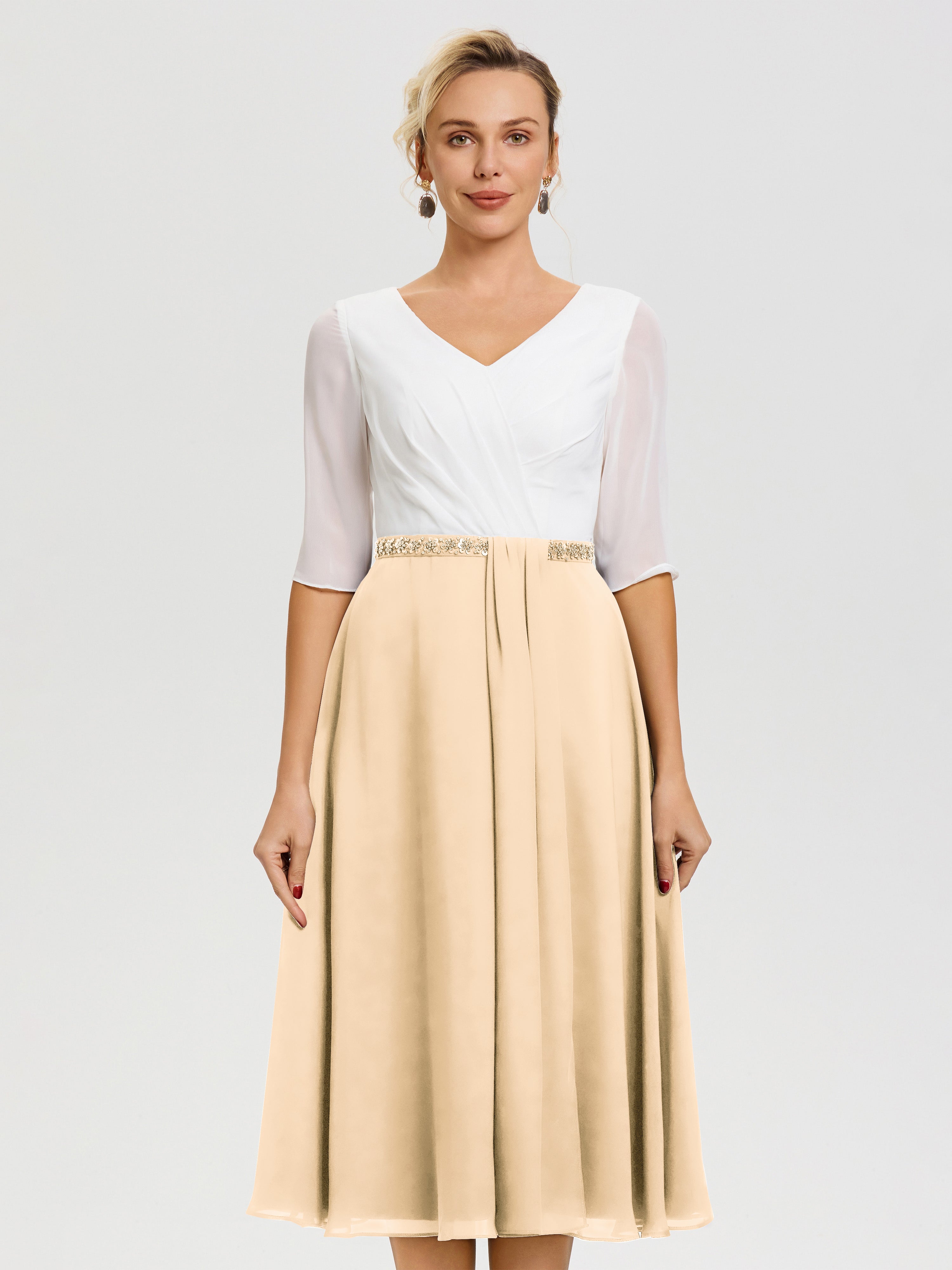 Peach Mother Of The Bride Dress A-Line Half Sleeves V-Neck Beaded Waist Tea-Length Chiffon Mother Of The Bride Dress