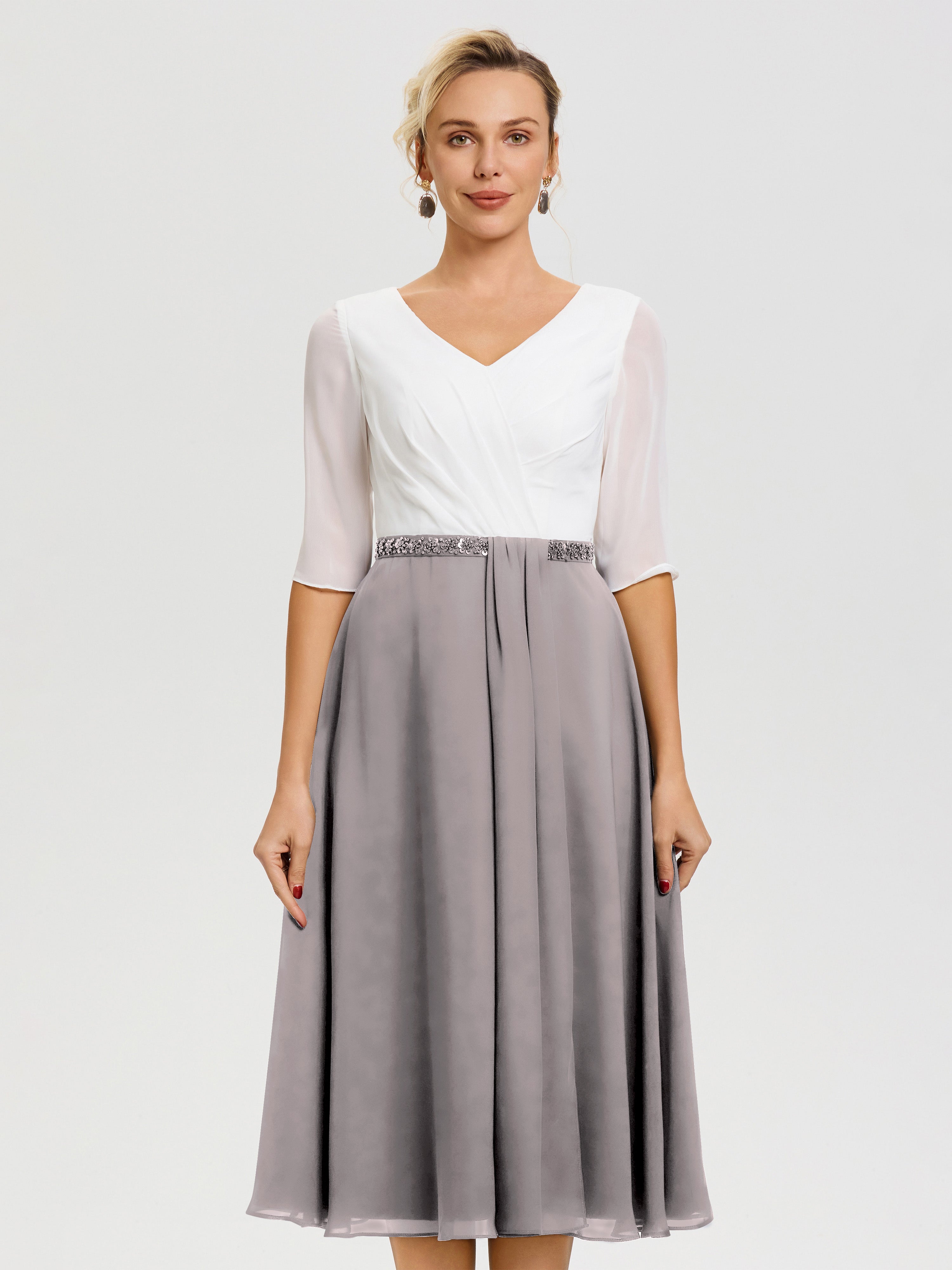 beaded tea length mother of the bride dresses Tea-Length Mother of the Bride Sheath Dress with Beaded Jacket