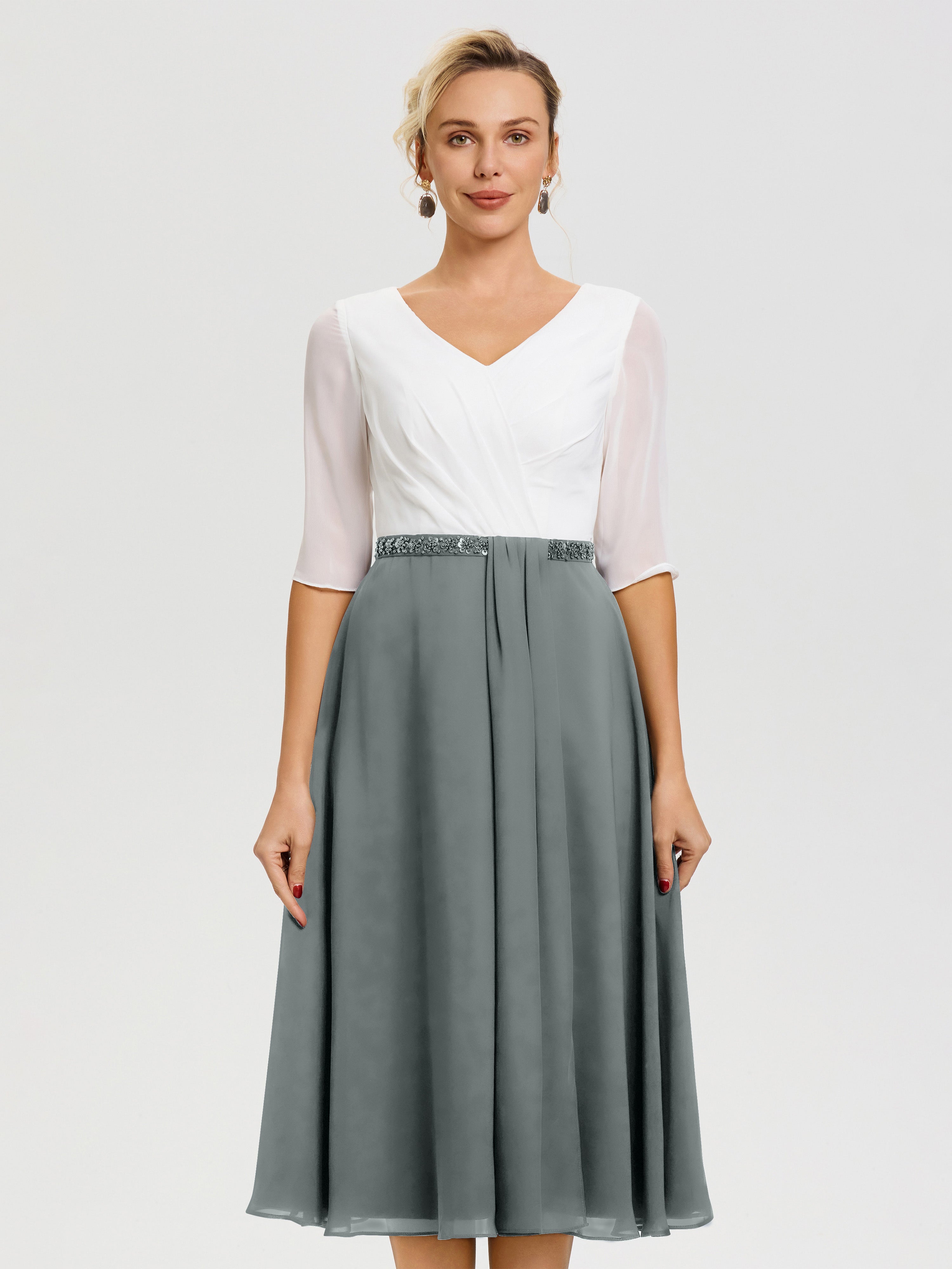Steel Grey Mother Of The Bride Dresses A-Line Half Sleeves V-Neck Beaded Waist Tea-Length Chiffon Mother Of The Bride Dress Steel Grey Mother Of The Bride Dresses A-Line Half Sleeves V-Neck Beaded Waist Tea-Length Chiffon Mother Of The Bride Dress
