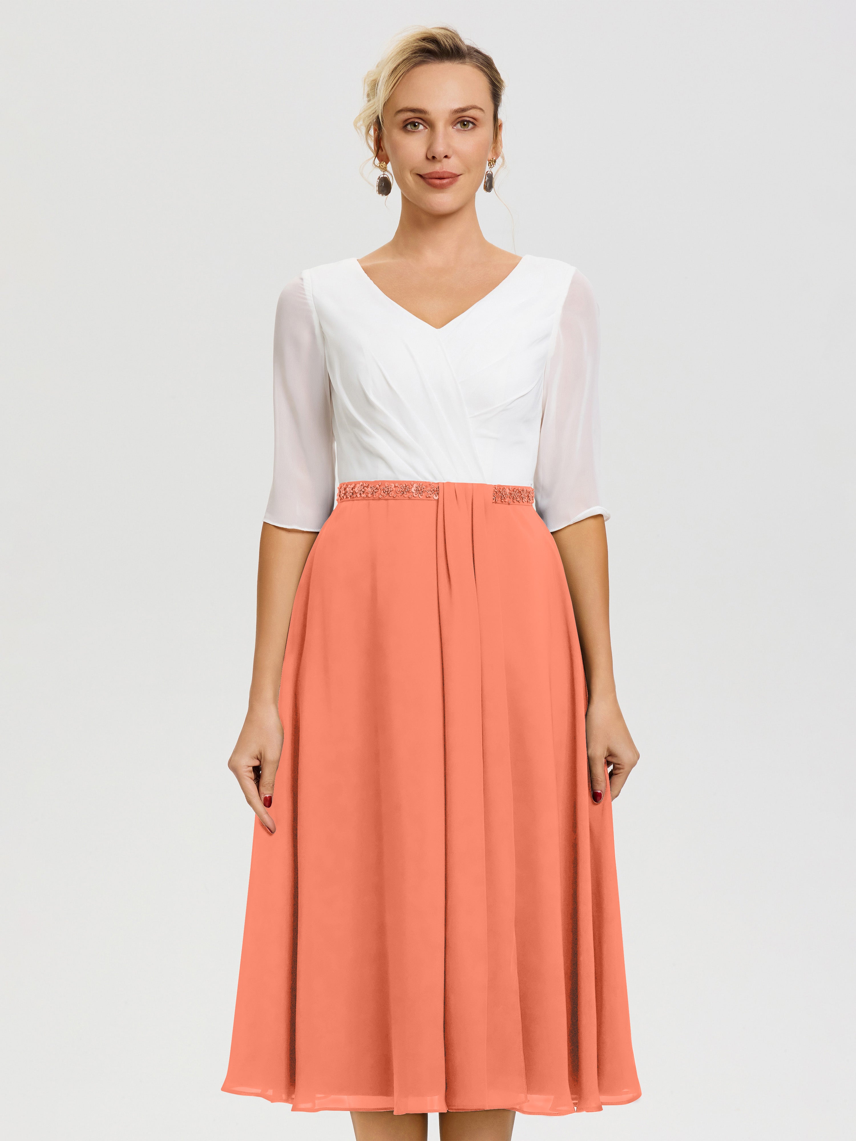 Mother Of Bride Sunset Dress A-Line Half Sleeves V-Neck Beaded Waist Tea-Length Chiffon Mother Of The Bride Dress Mother Of Bride Sunset Dress A-Line Half Sleeves V-Neck Beaded Waist Tea-Length Chiffon Mother Of The Bride Dress