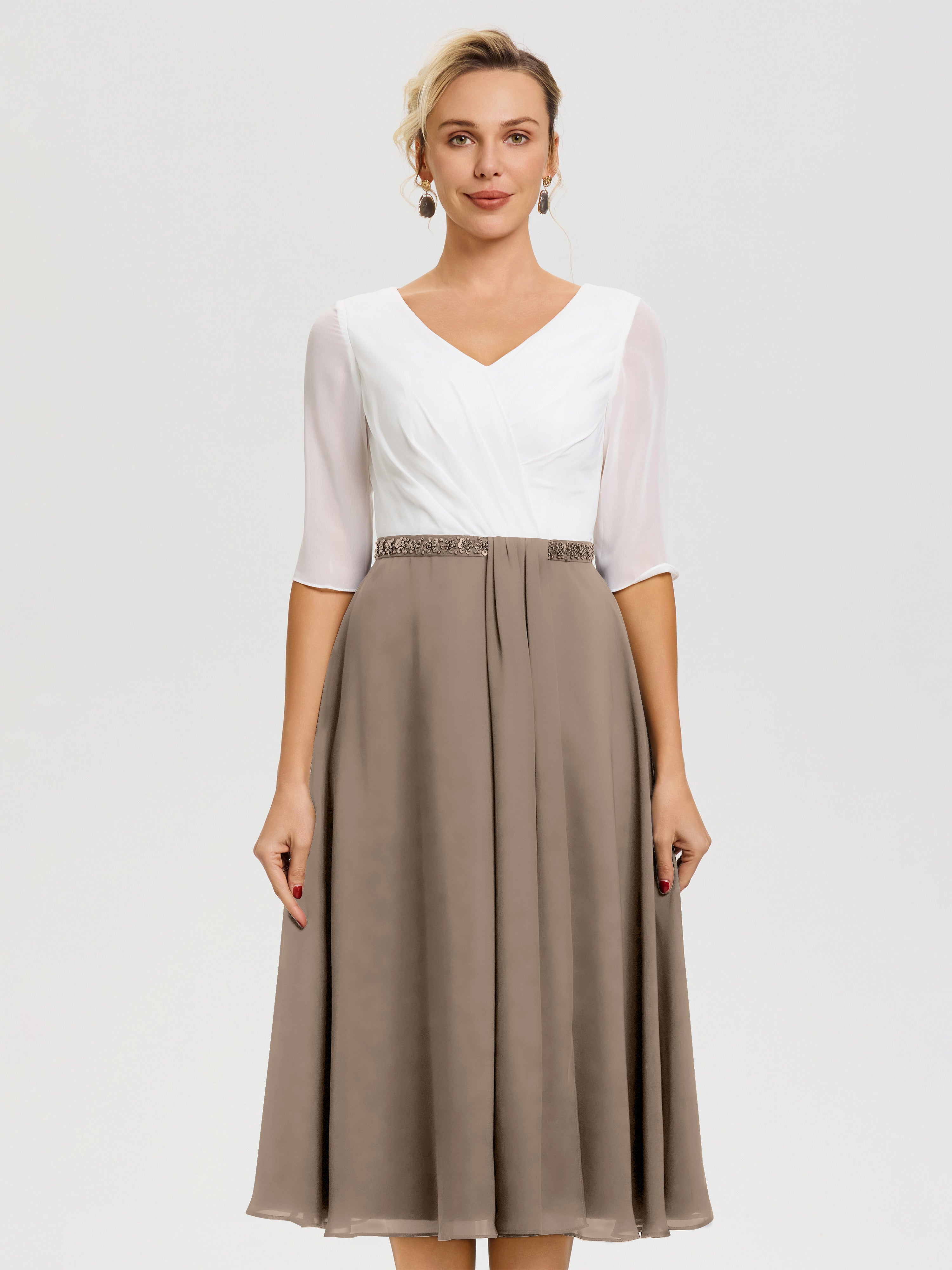 Taupe Mother Of The Bride Gowns A-Line Half Sleeves V-Neck Beaded Waist Tea-Length Chiffon Mother Of The Bride Dress Taupe Mother Of The Bride Gowns A-Line Half Sleeves V-Neck Beaded Waist Tea-Length Chiffon Mother Of The Bride Dress