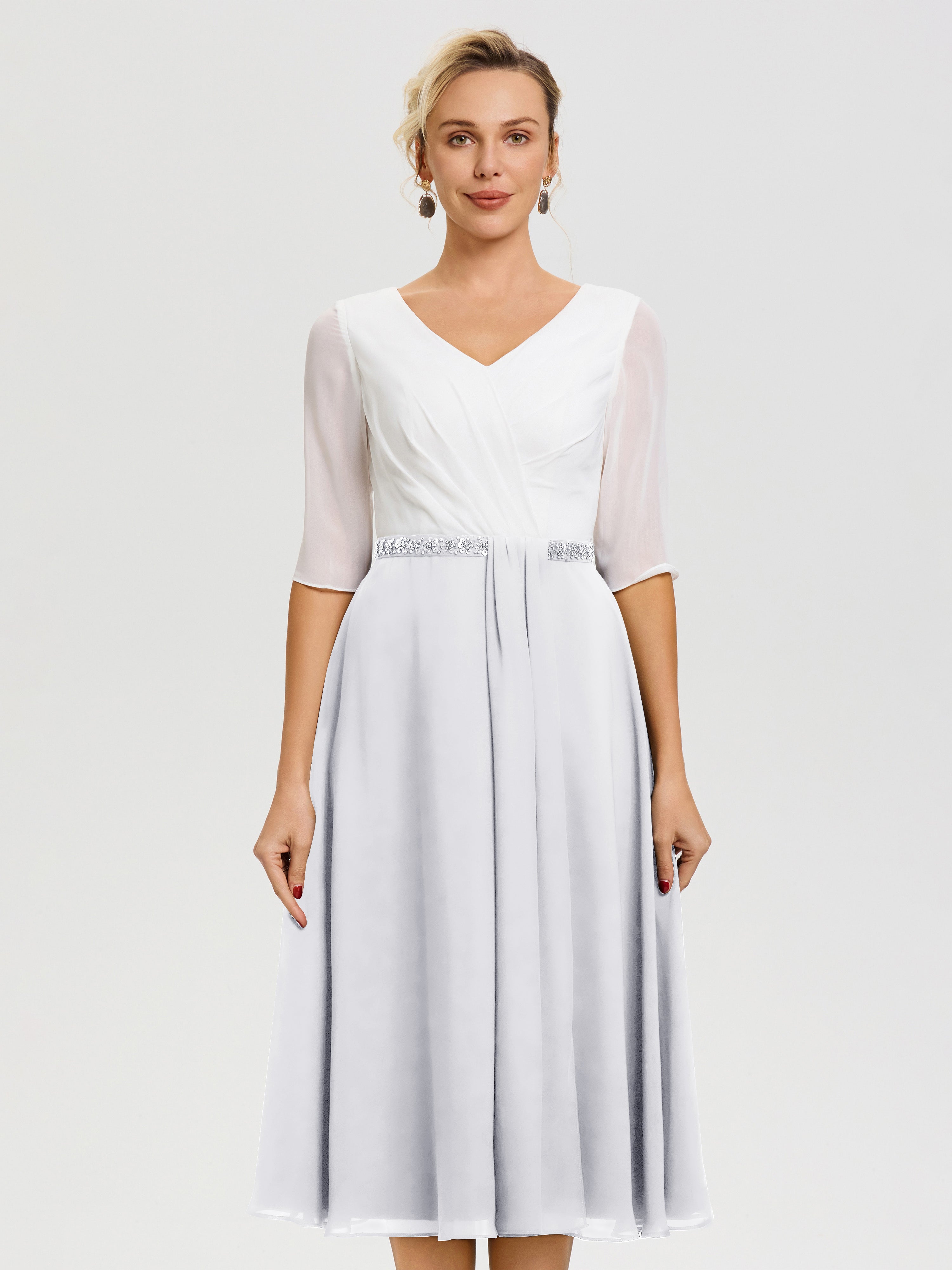 Mother Of The Bride In White Dress A-Line Half Sleeves V-Neck Beaded W