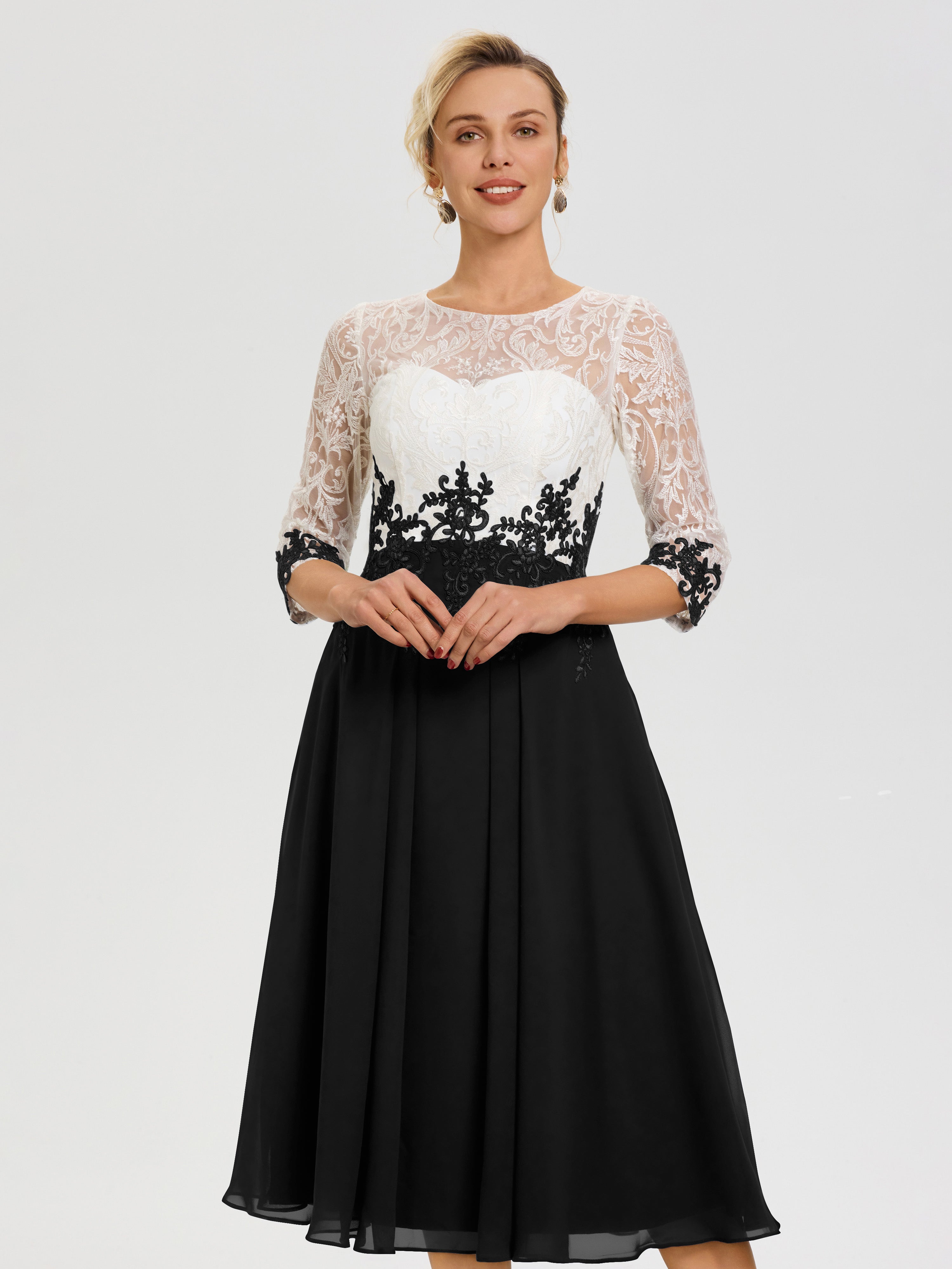 Mother Of Bride Dresses Black Illusion Sleeves Sweetheart Lace Appliqued Tea-Length Chiffon Mother Of The Bride Dress Mother Of Bride Dresses Black Illusion Sleeves Sweetheart Lace Appliqued Tea-Length Chiffon Mother Of The Bride Dress