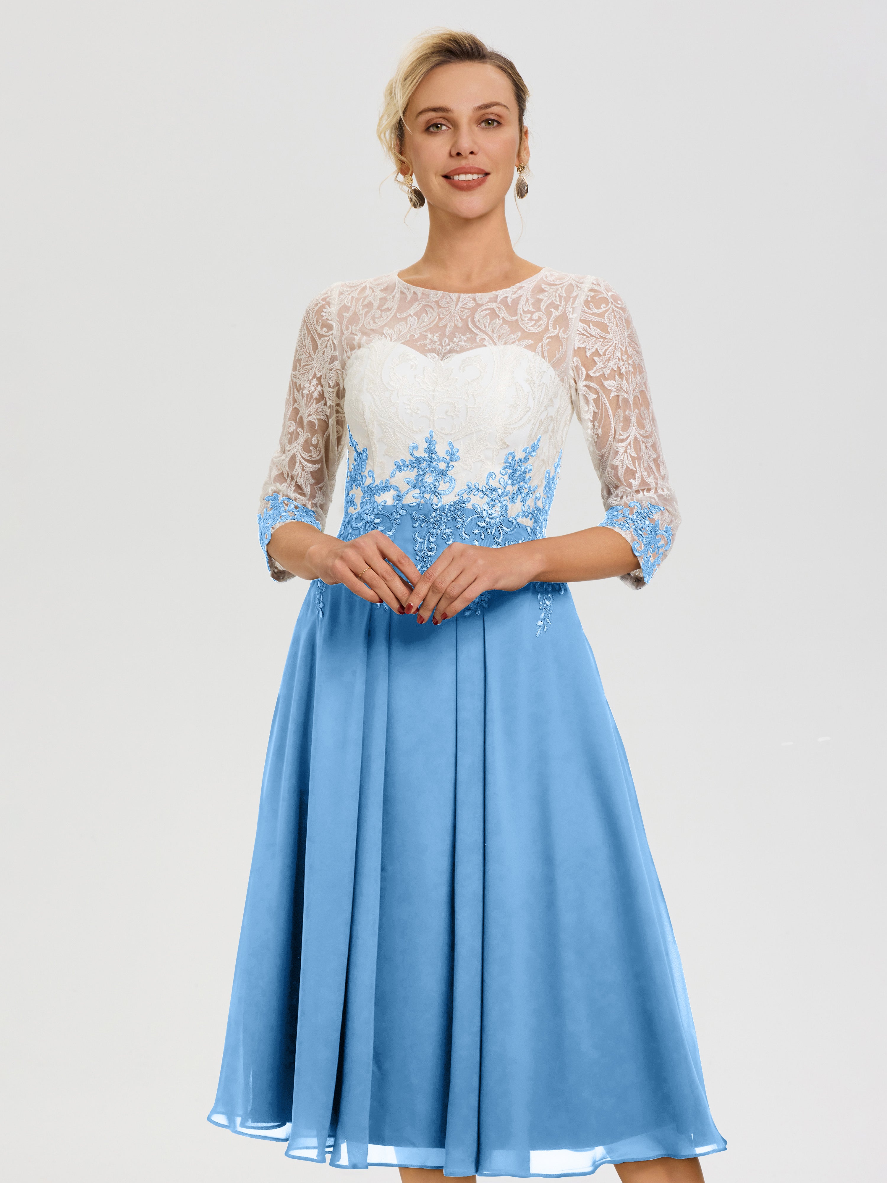 Mother Of Bride Dresses Blue Illusion Sleeves Sweetheart Lace Appliqued Tea-Length Chiffon Mother Of The Bride Dress Mother Of Bride Dresses Blue Illusion Sleeves Sweetheart Lace Appliqued Tea-Length Chiffon Mother Of The Bride Dress