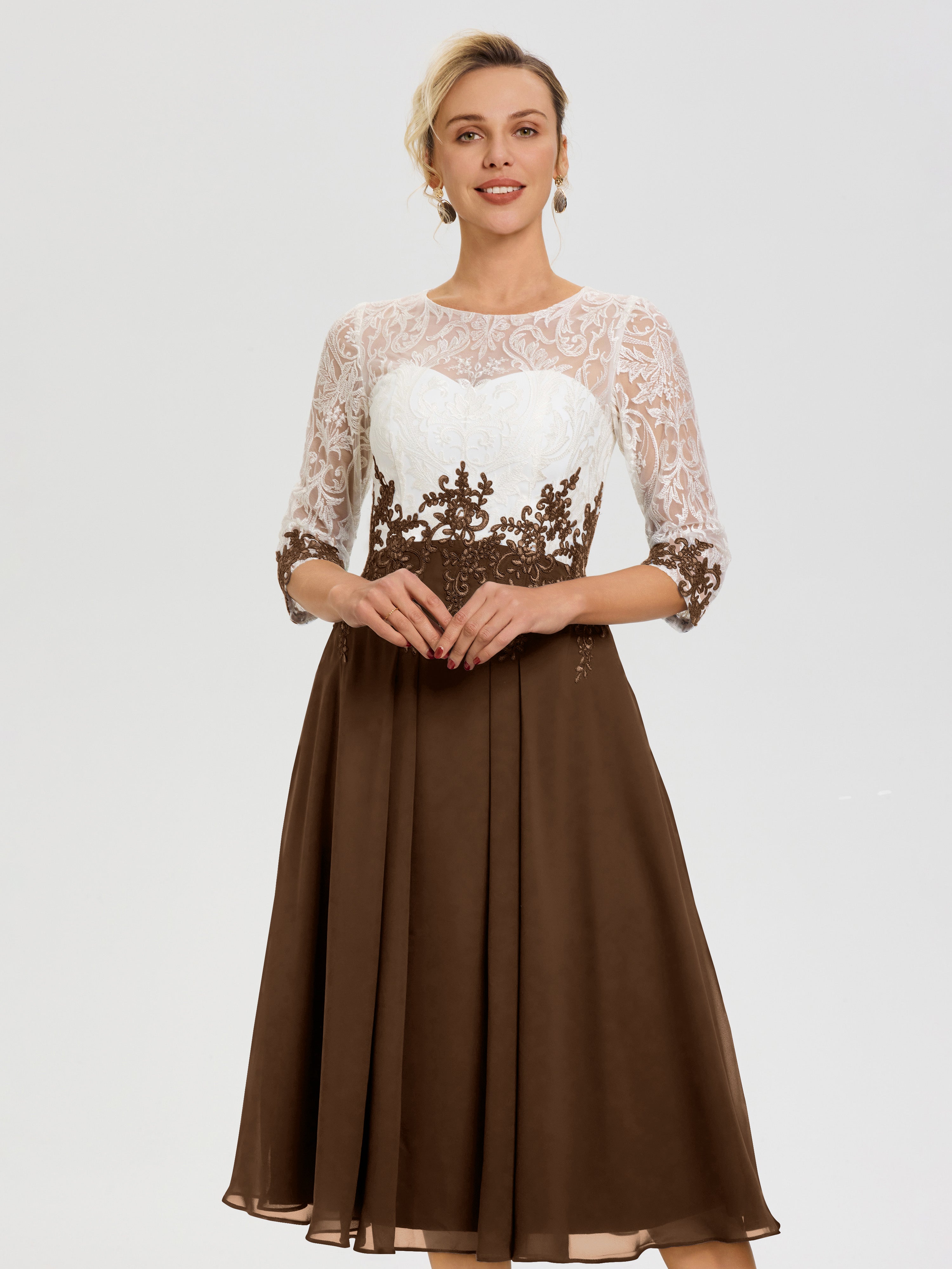 Brown Mother Of Thebride Dresses Illusion Sleeves Sweetheart Lace Appliqued Tea-Length Chiffon Mother Of The Bride Dress Brown Mother Of Thebride Dresses Illusion Sleeves Sweetheart Lace Appliqued Tea-Length Chiffon Mother Of The Bride Dress