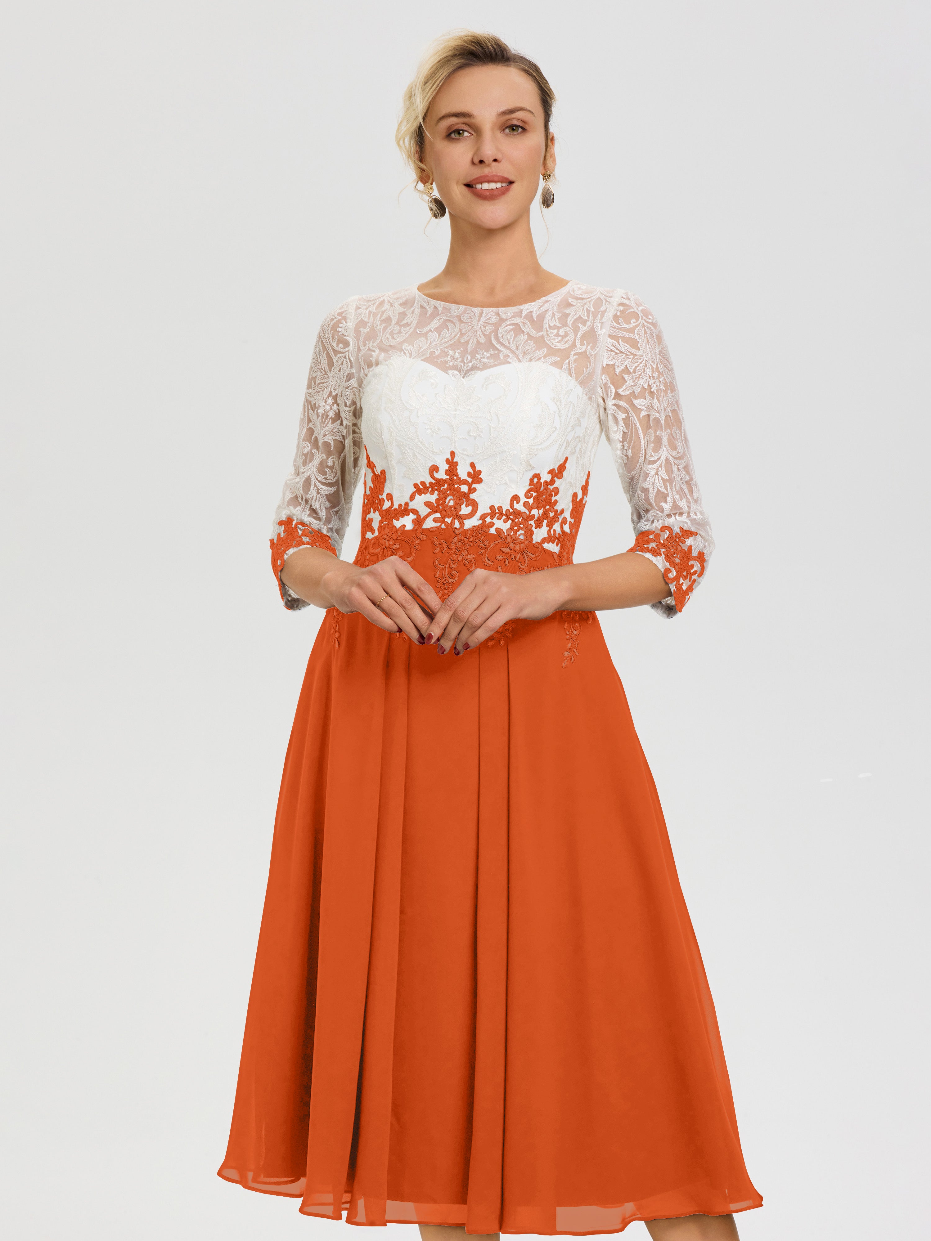 Mother Of The Bride Burnt Orange Illusion Sleeves Sweetheart Lace Appliqued Tea-Length Chiffon Mother Of The Bride Dress Mother Of The Bride Burnt Orange Illusion Sleeves Sweetheart Lace Appliqued Tea-Length Chiffon Mother Of The Bride Dress