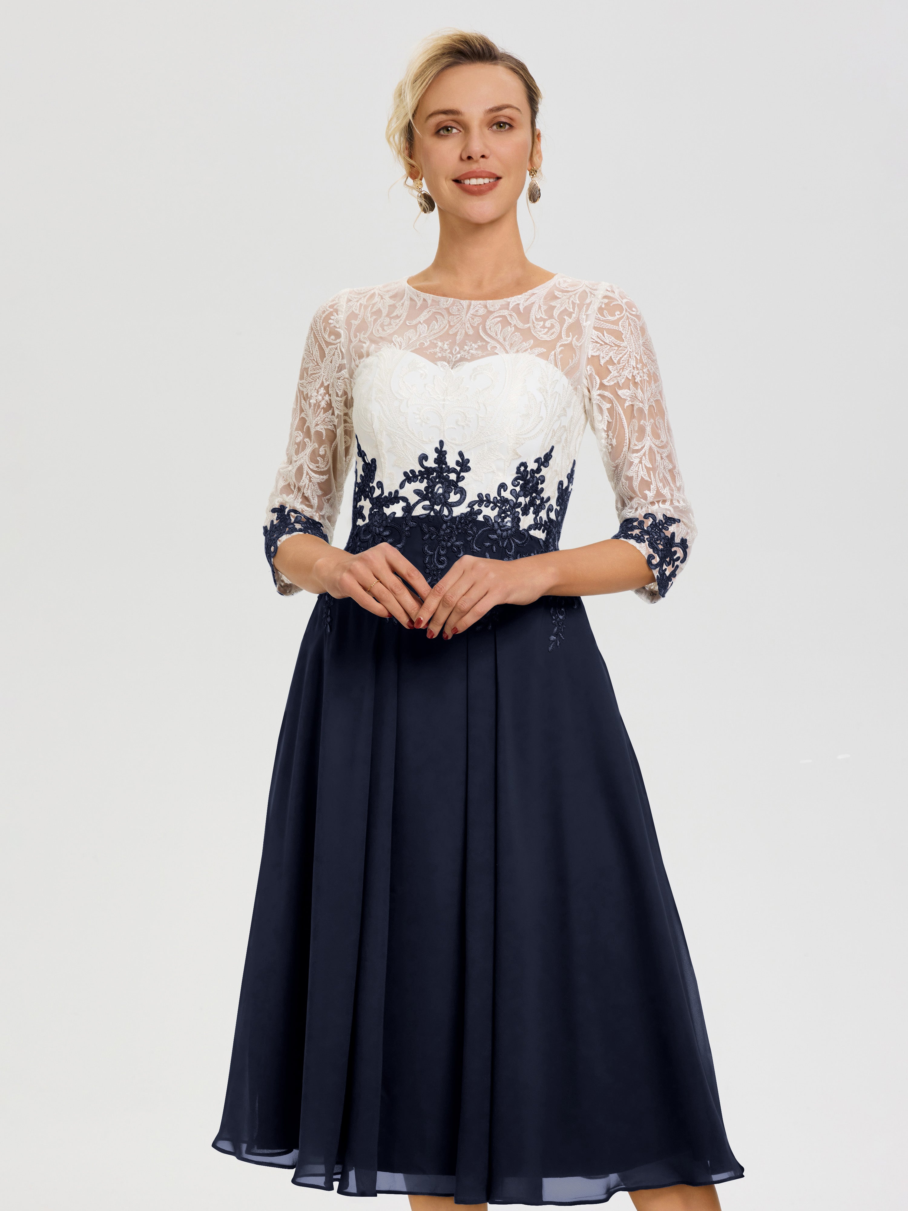 Navy Blue Mother Of The Bride Dresses Illusion Sleeves Sweetheart Lace Appliqued Tea-Length Chiffon Mother Of The Bride Dress Navy Blue Mother Of The Bride Dresses Illusion Sleeves Sweetheart Lace Appliqued Tea-Length Chiffon Mother Of The Bride Dress