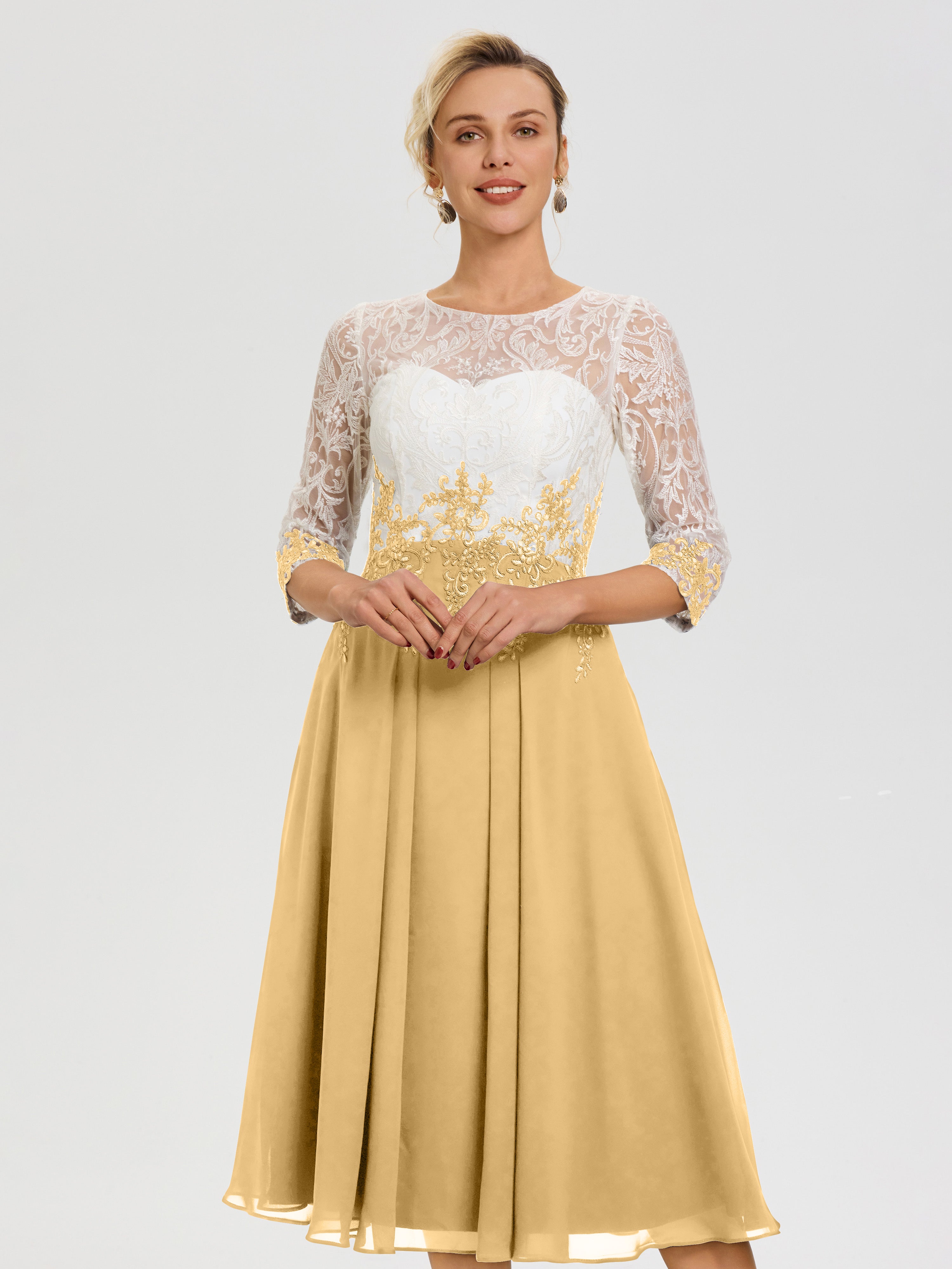 Mother Of The Bride Dresses In Gold Illusion Sleeves Sweetheart Lace Appliqued Tea-Length Chiffon Mother Of The Bride Dress Mother Of The Bride Dresses In Gold Illusion Sleeves Sweetheart Lace Appliqued Tea-Length Chiffon Mother Of The Bride Dress