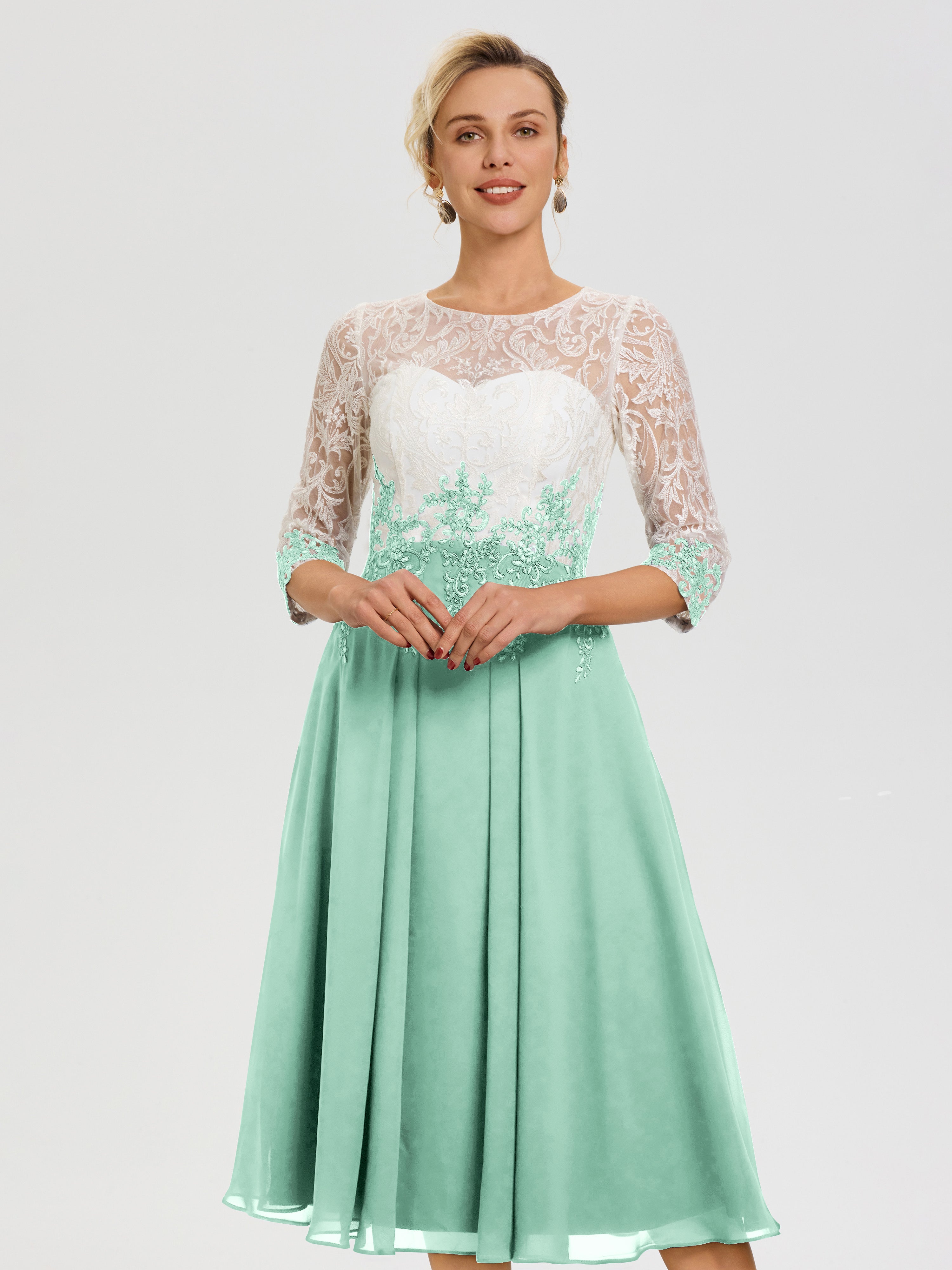 Mint Green Mother Of Bride Dresses Illusion Sleeves Sweetheart Lace Appliqued Tea-Length Chiffon Mother Of The Bride Dress Mint Green Mother Of Bride Dresses Illusion Sleeves Sweetheart Lace Appliqued Tea-Length Chiffon Mother Of The Bride Dress