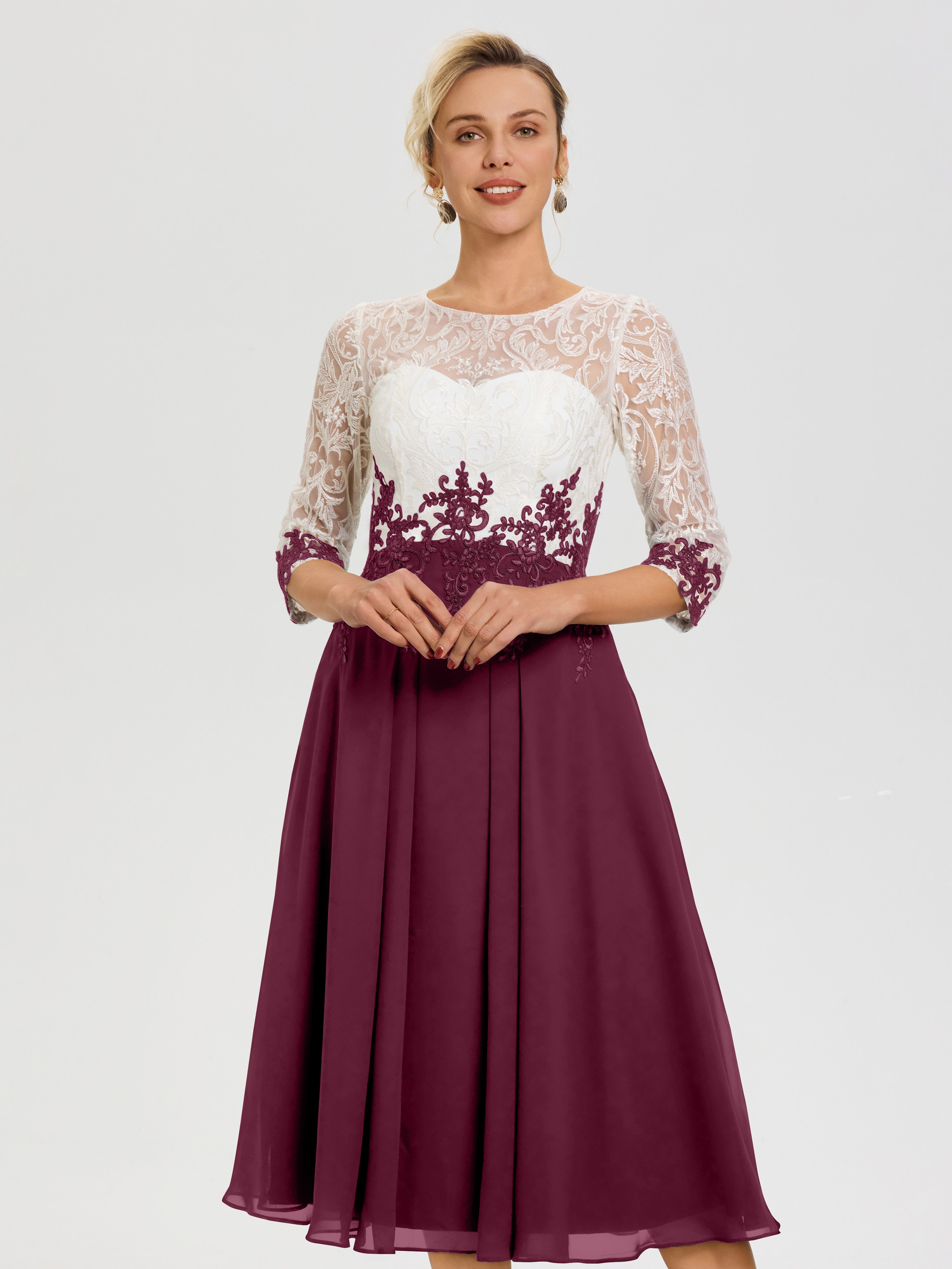 Mulberry Mother Of The Bride Dresses Illusion Sleeves Sweetheart Lace Appliqued Tea-Length Chiffon Mother Of The Bride Dress Mulberry Mother Of The Bride Dresses Illusion Sleeves Sweetheart Lace Appliqued Tea-Length Chiffon Mother Of The Bride Dress